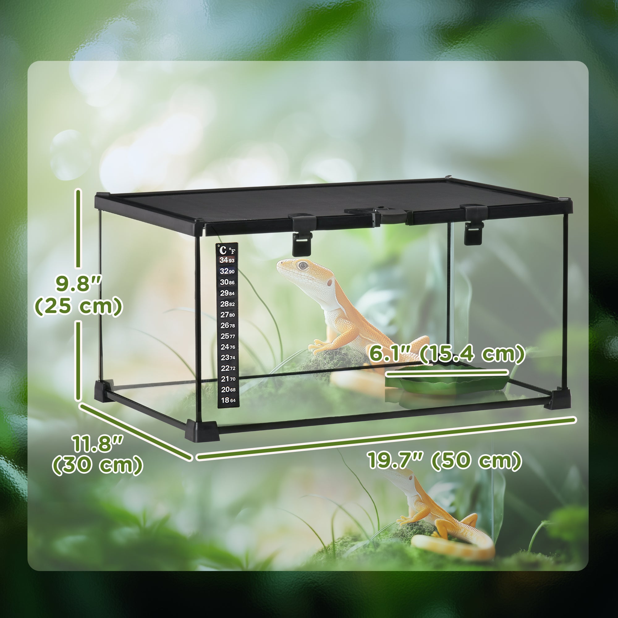 PawHut Glass Reptile Terrarium, Jumping Spider Enclosure with Thermometer, Water Basin, Full View Visually for Lizards, Horned Frogs, Snakes, Spiders - Black
