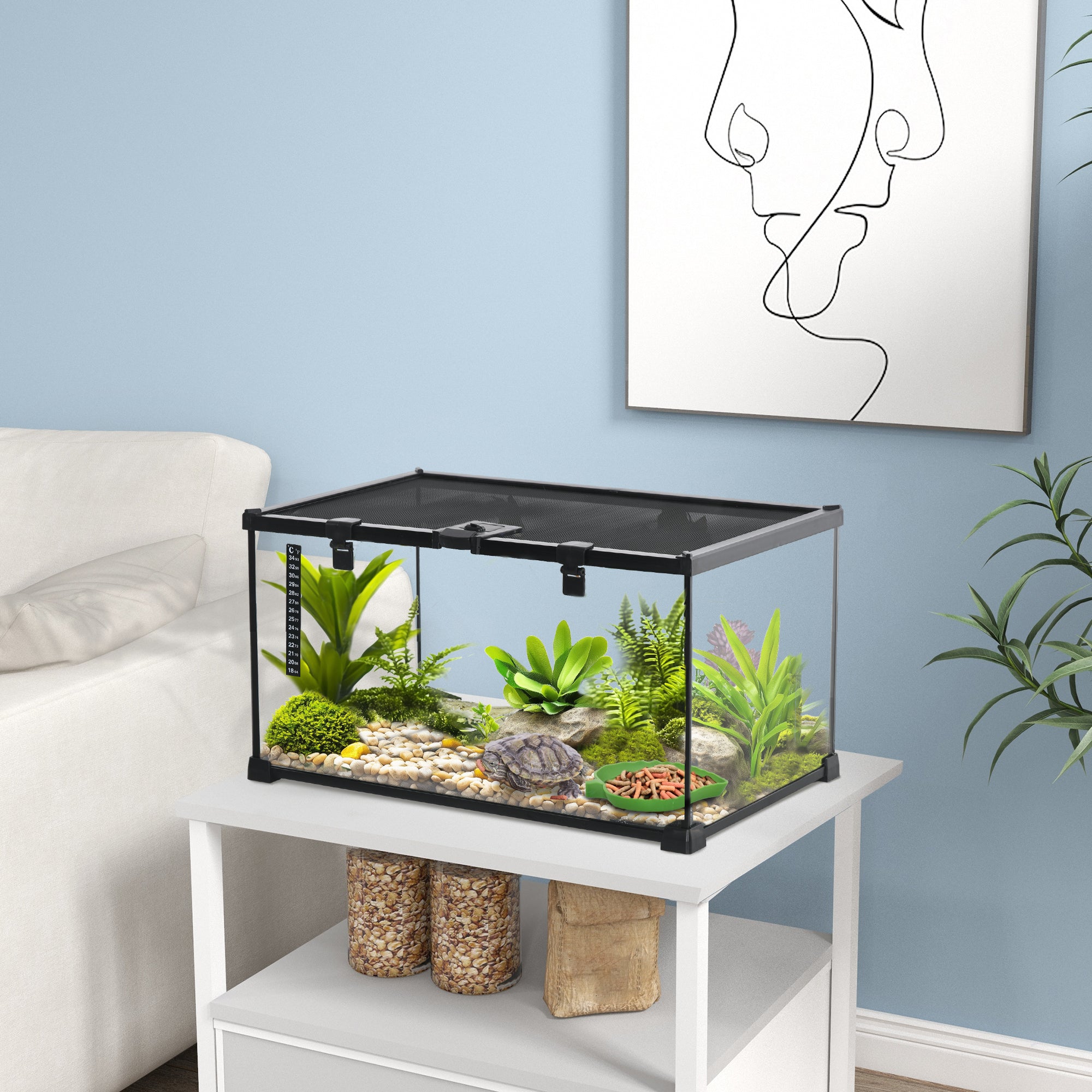 PawHut Glass Reptile Terrarium, Jumping Spider Enclosure with Thermometer, Water Basin, Full View Visually for Lizards, Horned Frogs, Snakes, Spiders - Black