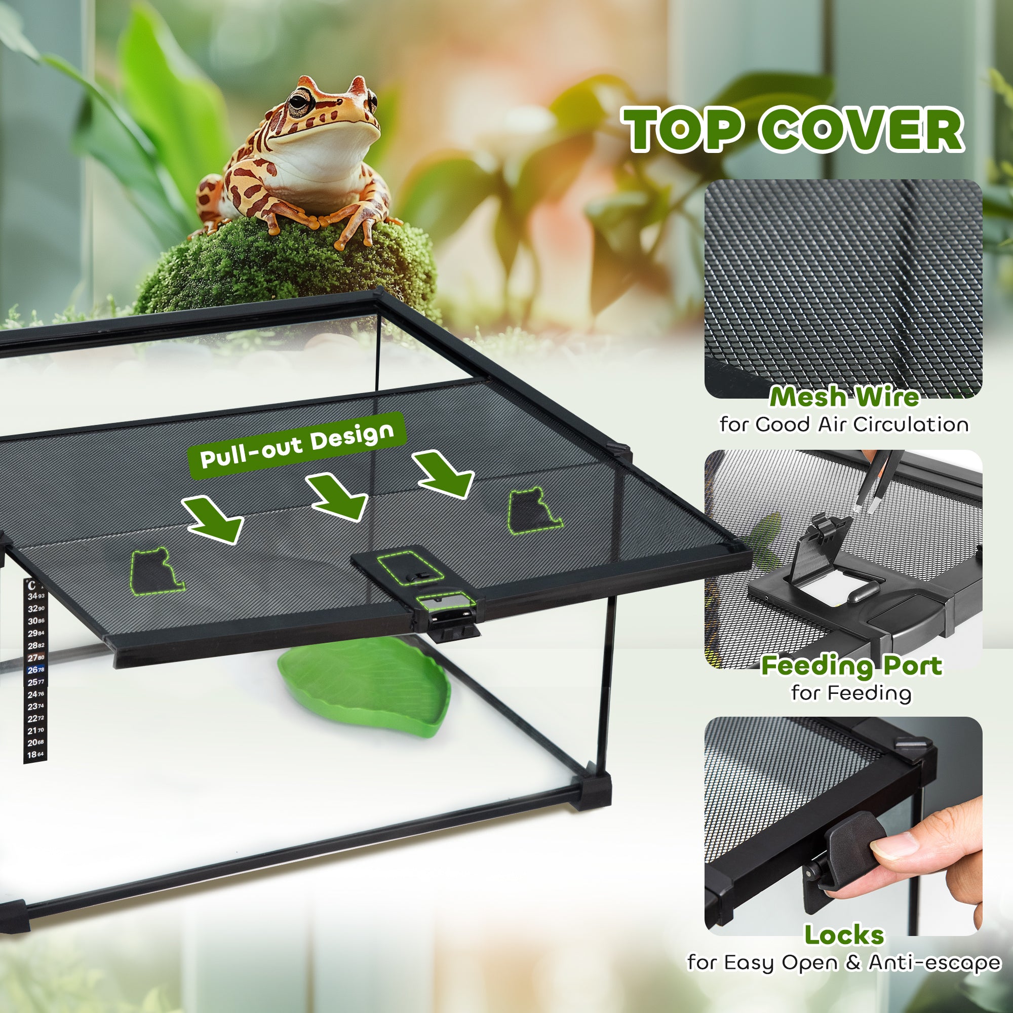 PawHut Glass Reptile Terrarium, Jumping Spider Enclosure with Thermometer, Water Basin, Full View Visually for Lizards, Horned Frogs, Snakes, Spiders - Black