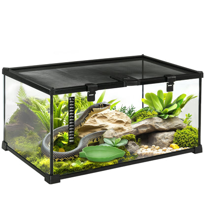 PawHut Glass Reptile Terrarium, Jumping Spider Enclosure with Thermometer, Water Basin, Full View Visually for Lizards, Horned Frogs, Snakes, Spiders - Black