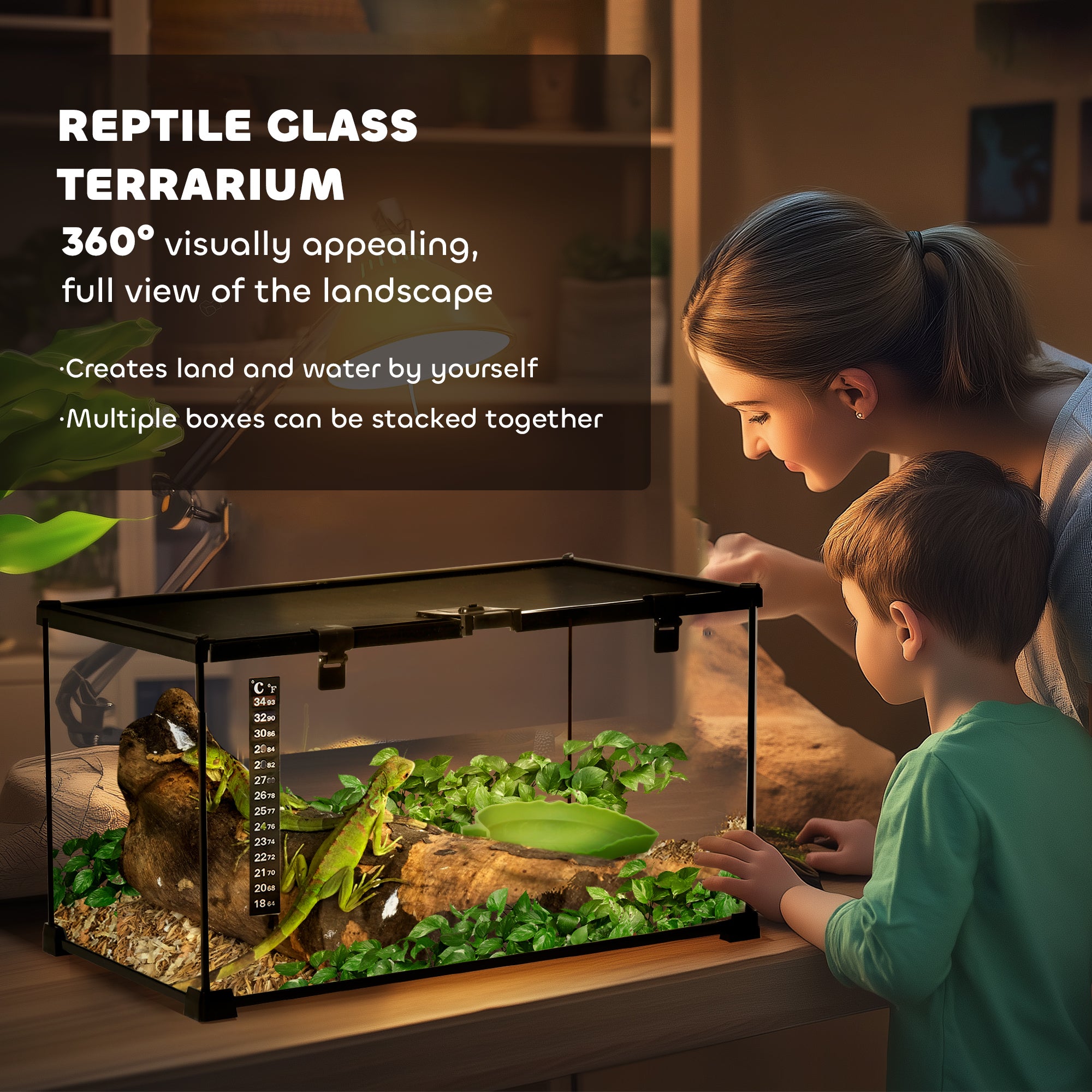PawHut Glass Reptile Terrarium, Jumping Spider Enclosure with Thermometer, Water Basin, Full View Visually for Lizards, Horned Frogs, Snakes, Spiders - Black