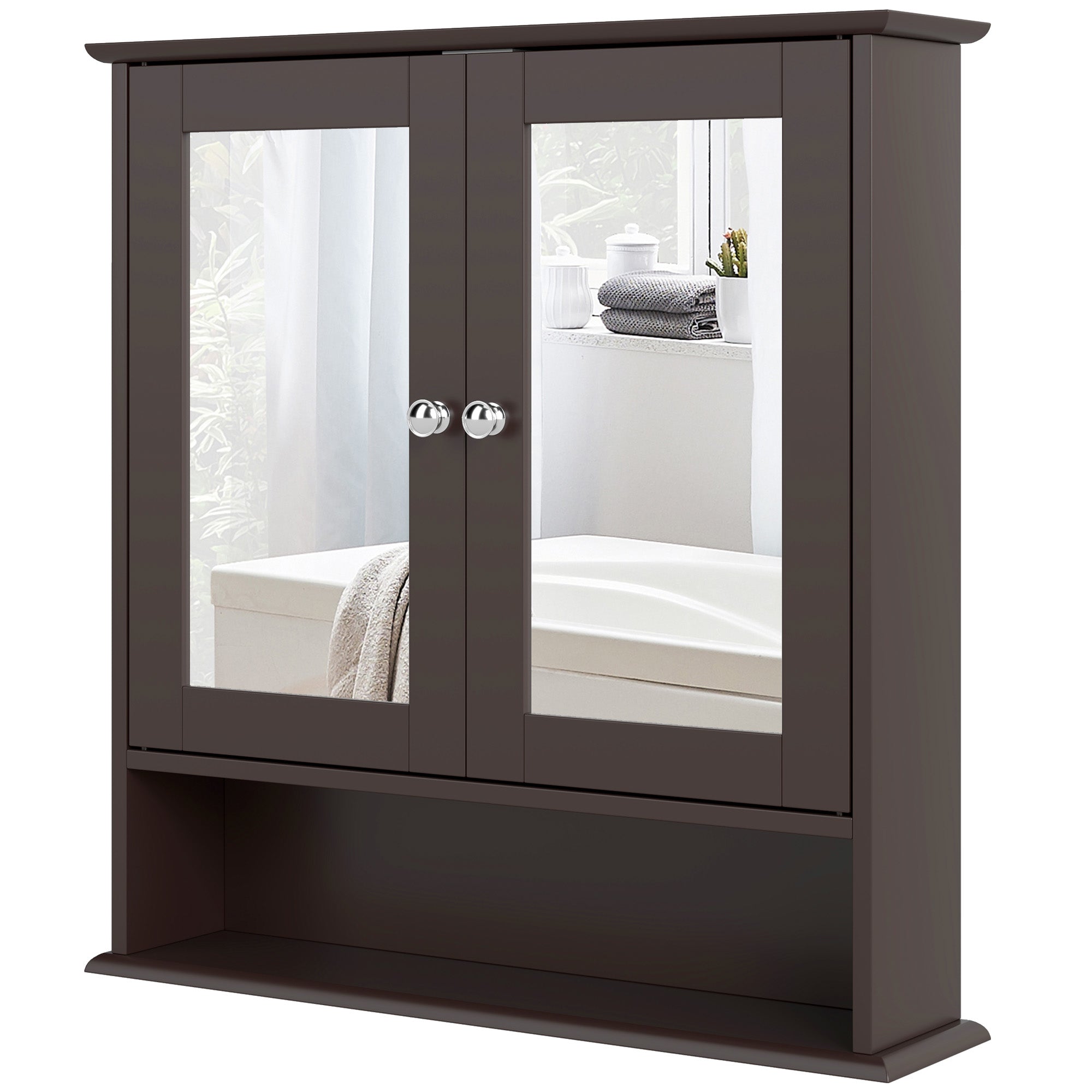 kleankin Medicine Cabinet, Wall-Mounted Bathroom Mirror Cabinet with Double Doors, Open Shelf, and Adjustable Shelf, Modern Bathroom Wall Cabinet, Dark Brown