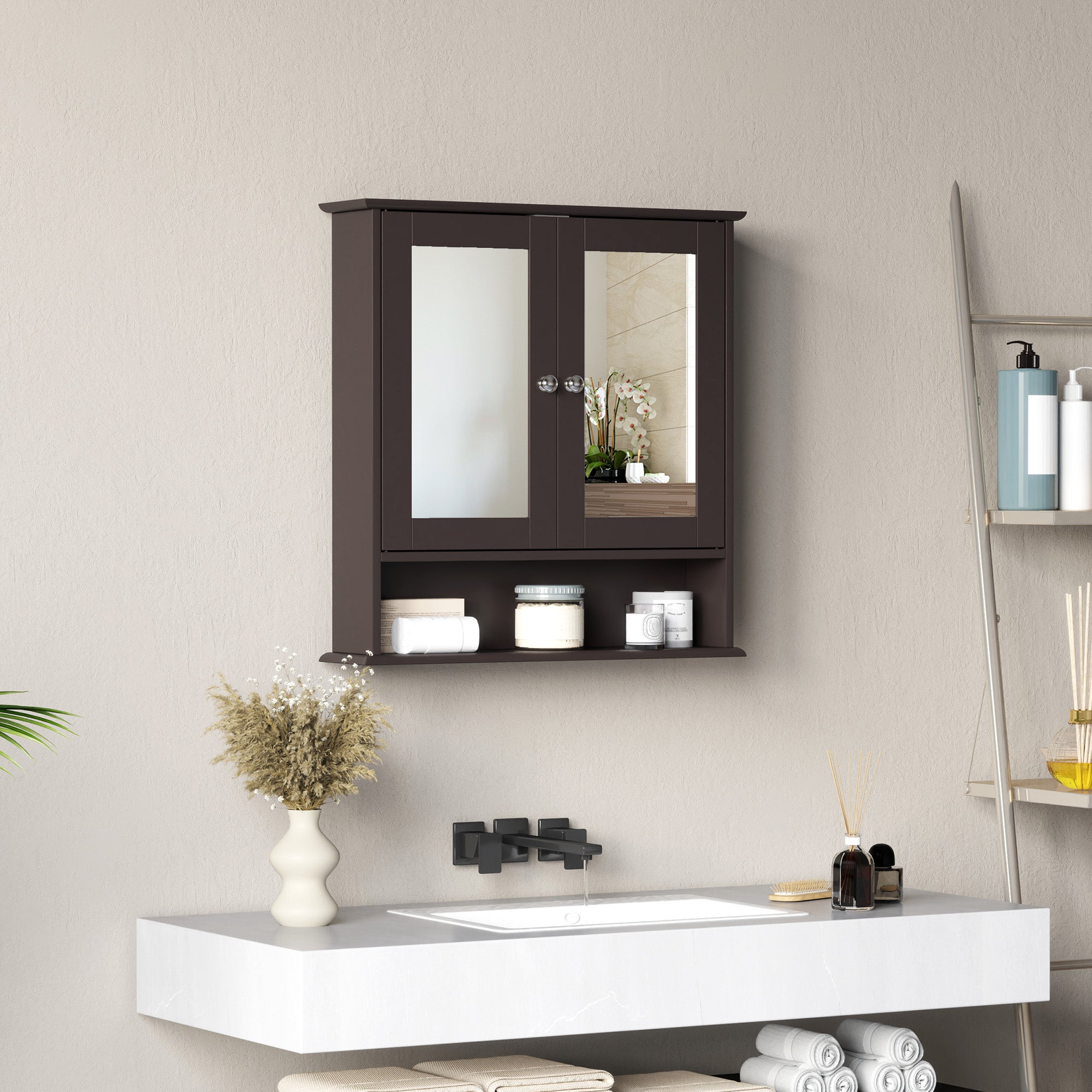 kleankin Medicine Cabinet, Wall-Mounted Bathroom Mirror Cabinet with Double Doors, Open Shelf, and Adjustable Shelf, Modern Bathroom Wall Cabinet, Dark Brown