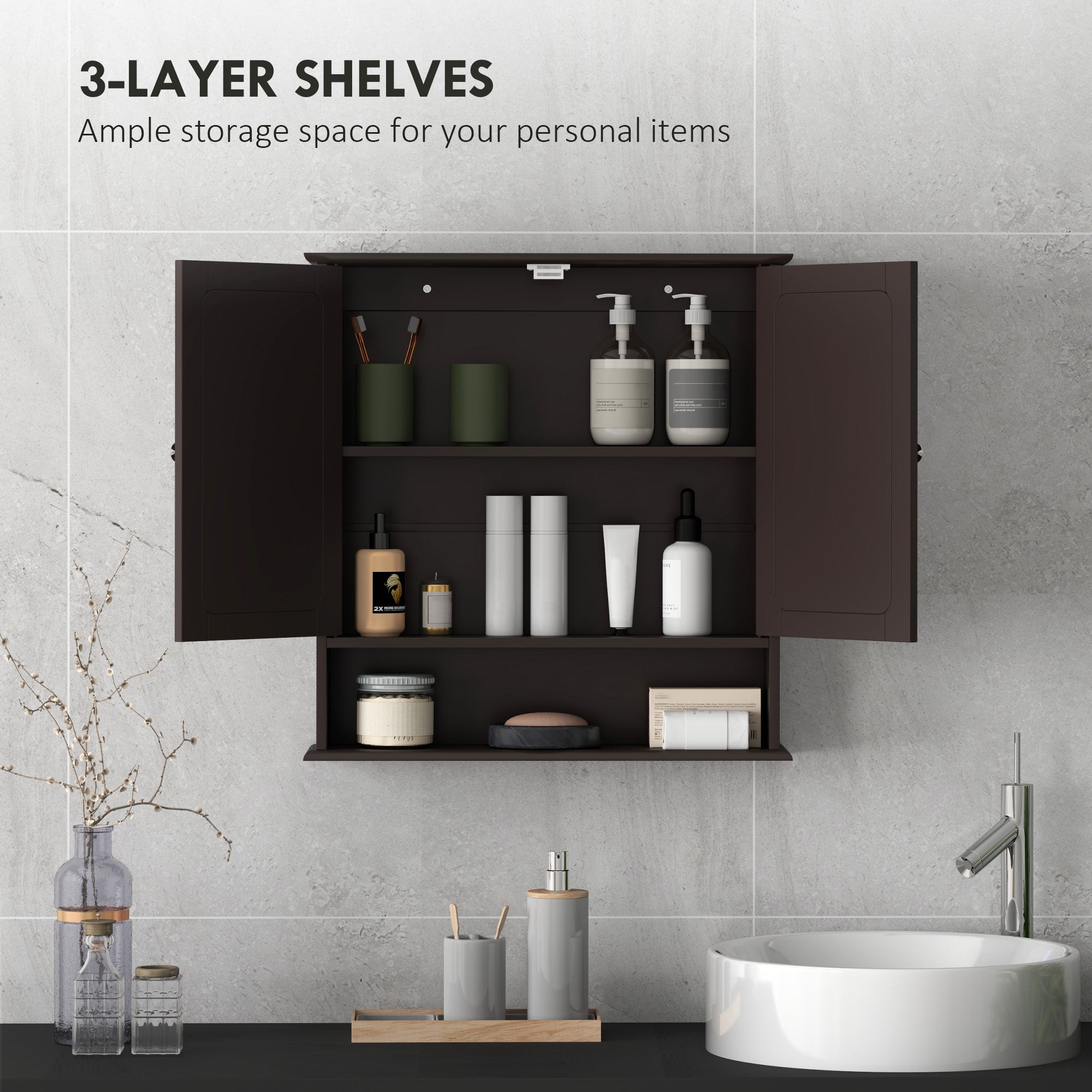 kleankin Medicine Cabinet, Wall-Mounted Bathroom Mirror Cabinet with Double Doors, Open Shelf, and Adjustable Shelf, Modern Bathroom Wall Cabinet, Dark Brown