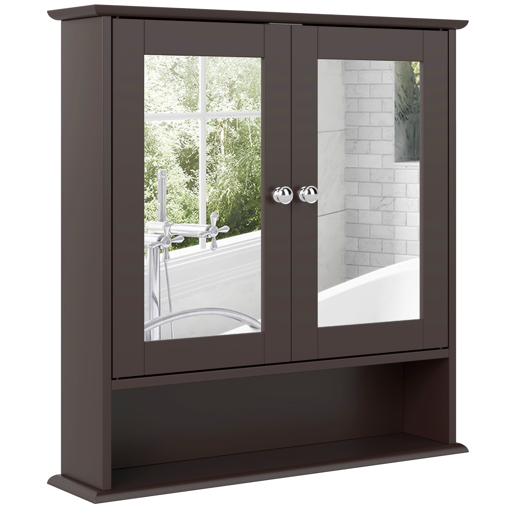 kleankin Medicine Cabinet, Wall-Mounted Bathroom Mirror Cabinet with Double Doors, Open Shelf, and Adjustable Shelf, Modern Bathroom Wall Cabinet, Dark Brown