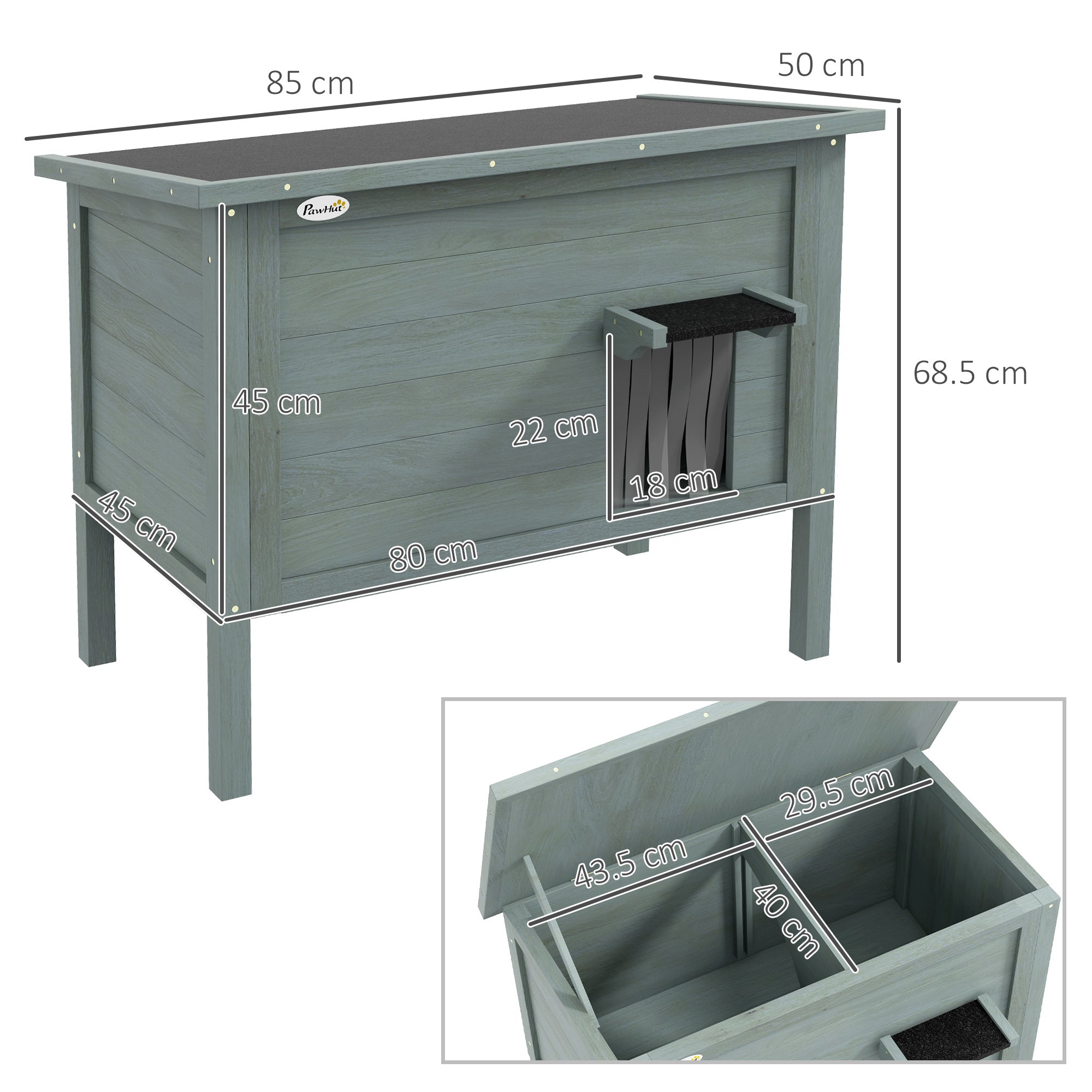 PawHut Outdoor Cat House, Feral Insulate Wooden Kitten House with Removable Floor, Water-Resistant Openable Roof, 85 x 50 x 68.5cm - Charcoal Grey