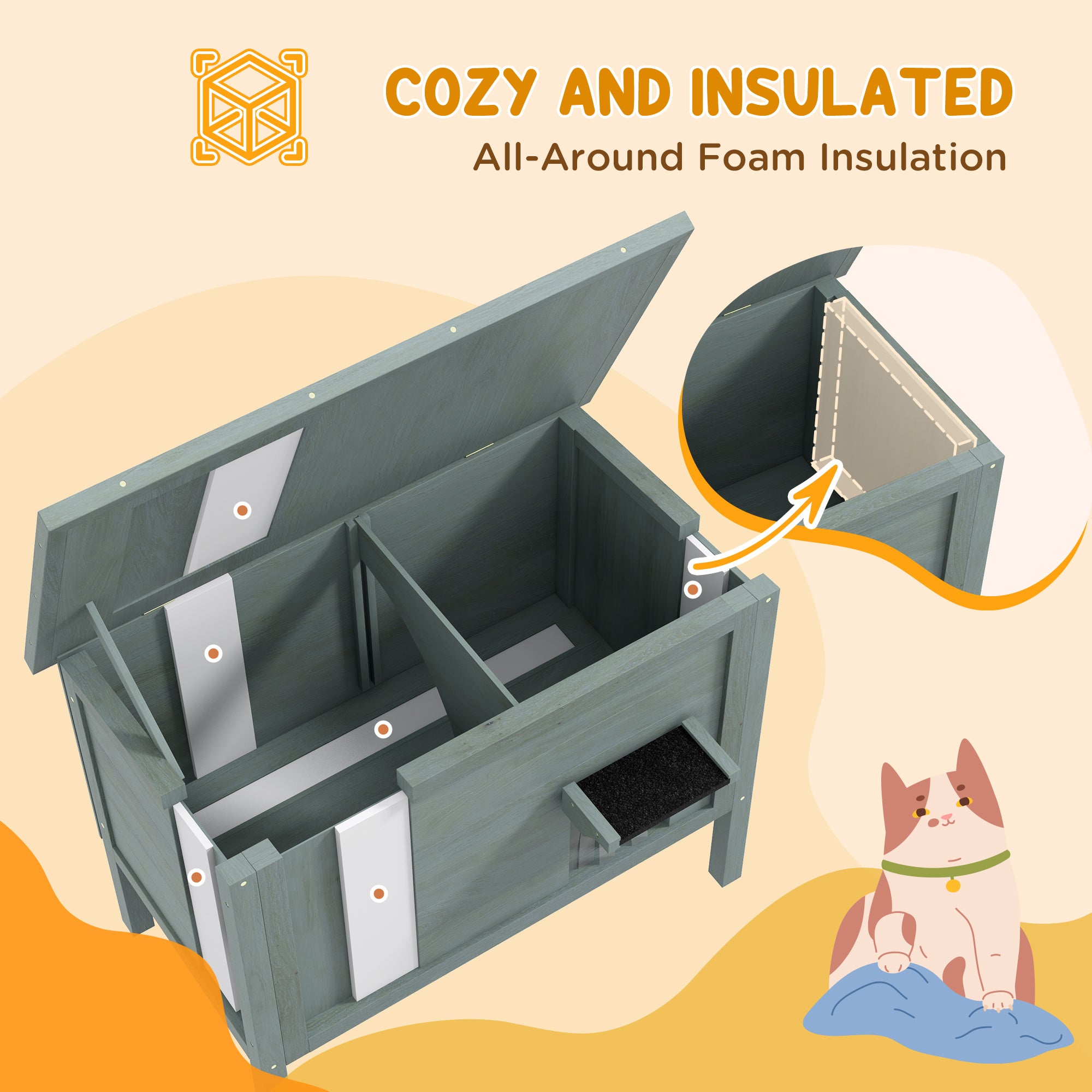 PawHut Outdoor Cat House, Feral Insulate Wooden Kitten House with Removable Floor, Water-Resistant Openable Roof, 85 x 50 x 68.5cm - Charcoal Grey
