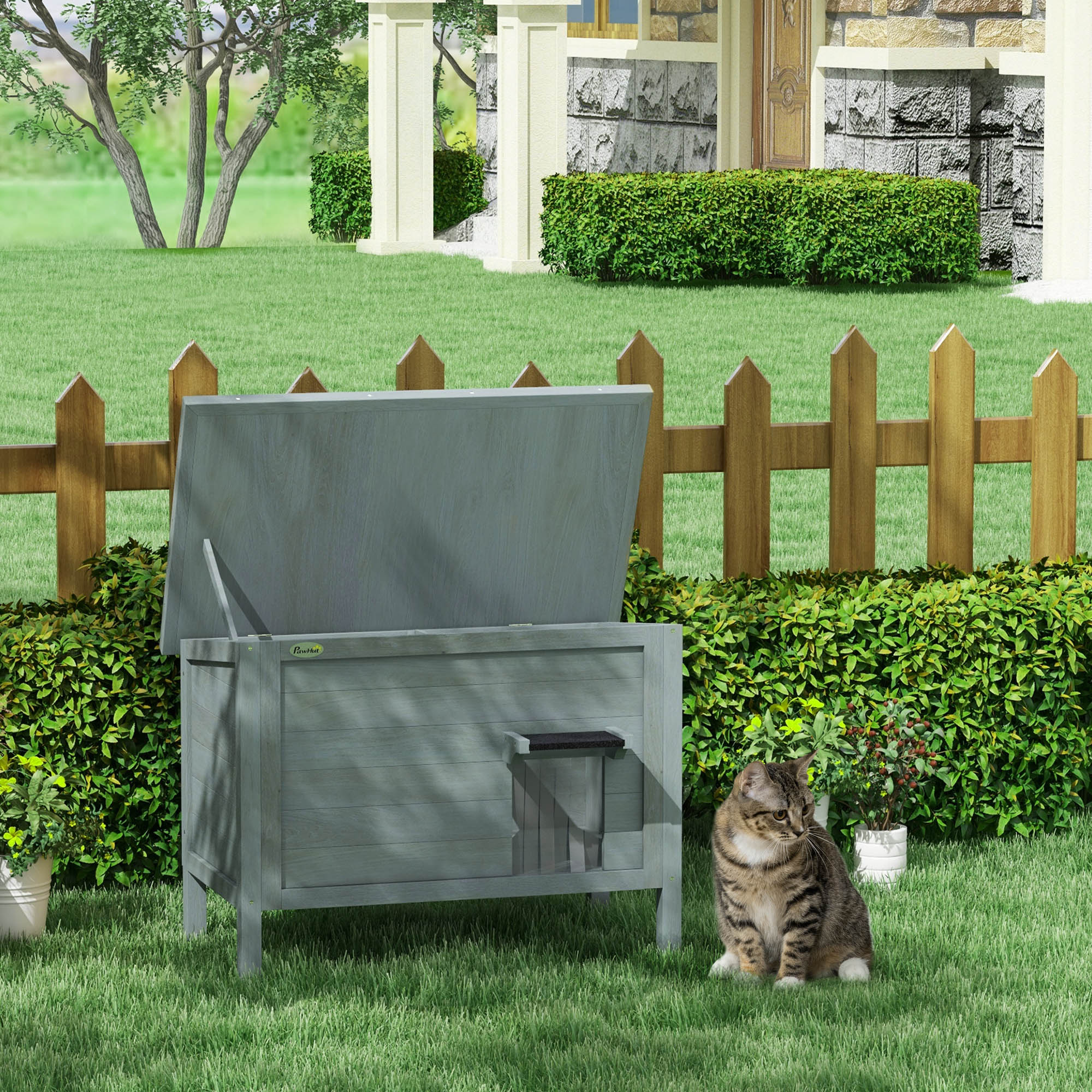 PawHut Outdoor Cat House, Feral Insulate Wooden Kitten House with Removable Floor, Water-Resistant Openable Roof, 85 x 50 x 68.5cm - Charcoal Grey