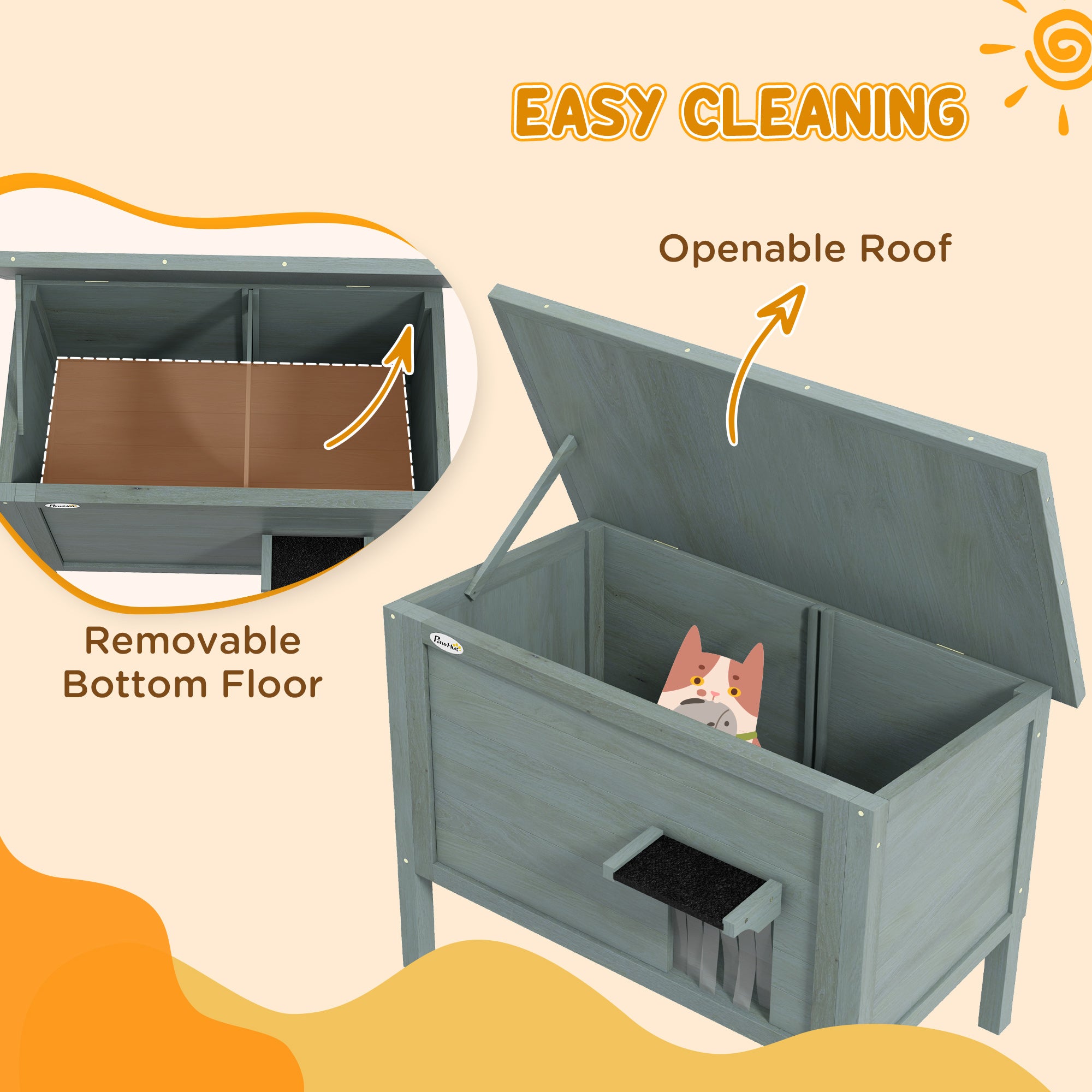 PawHut Outdoor Cat House, Feral Insulate Wooden Kitten House with Removable Floor, Water-Resistant Openable Roof, 85 x 50 x 68.5cm - Charcoal Grey