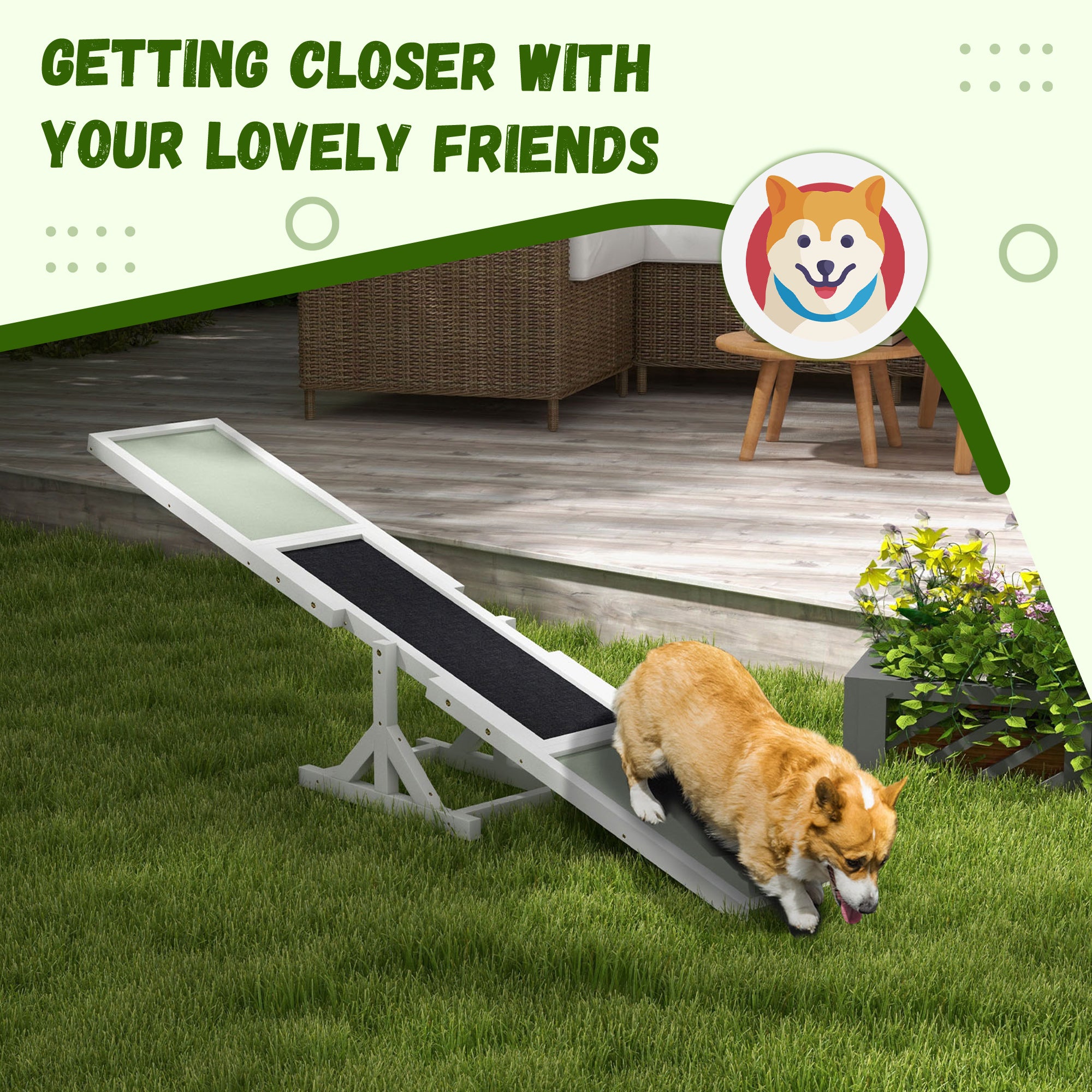 PawHut Wooden Pet Seesaw for Big Dogs, Agility Training Equipment for Dogs with Anti-Slip surface, 180 x 30 x 30cm - White