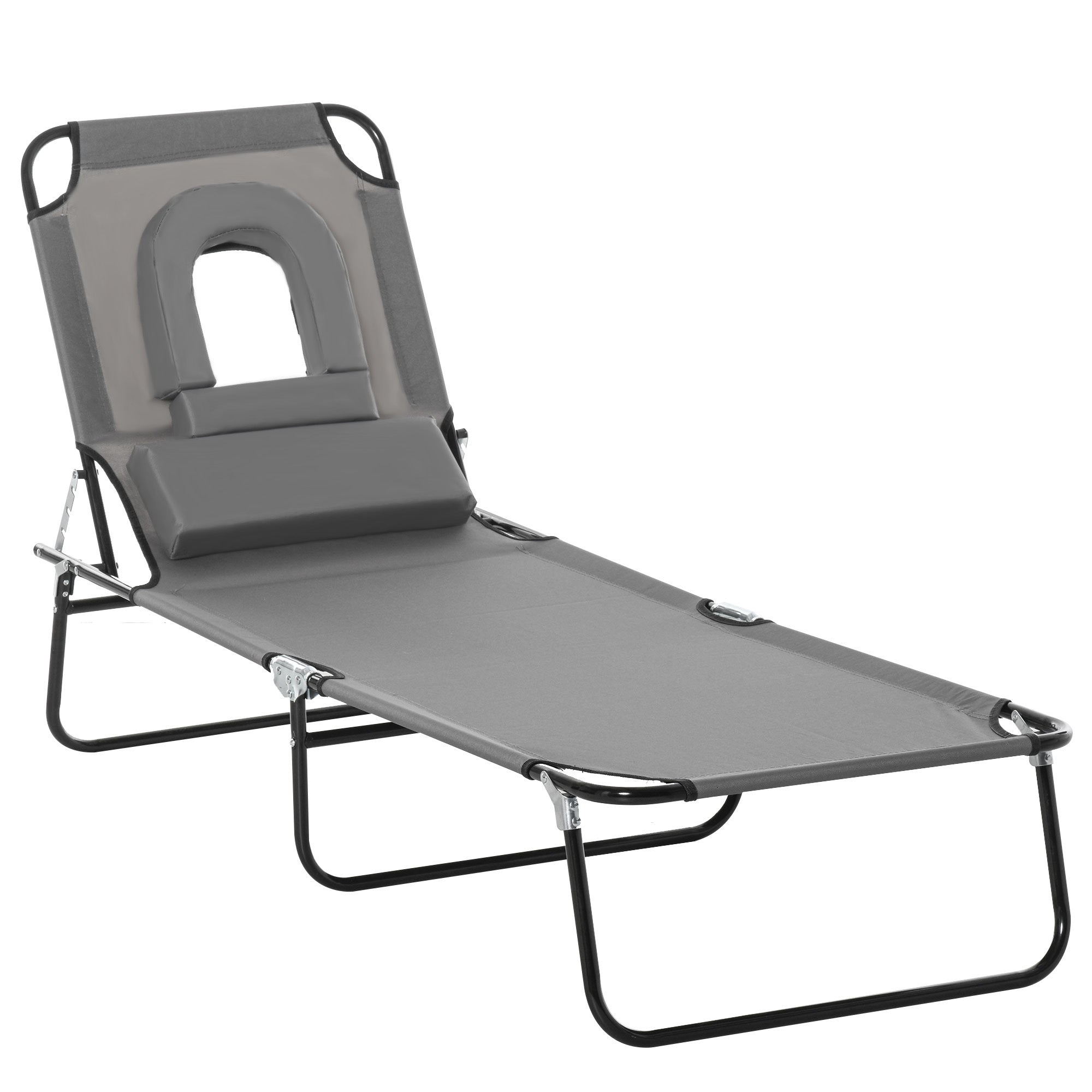 Outsunny Adjustable Outdoor Lounge Chair, Garden Folding Chaise Lounge w/ Reading Hole Reclining Tanning Chair Seat, Folding Camping Beach Lounging Bed with Support Pillow, Grey