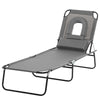 Outsunny Adjustable Outdoor Lounge Chair, Garden Folding Chaise Lounge w/ Reading Hole Reclining Tanning Chair Seat, Folding Camping Beach Lounging Bed with Support Pillow, Grey
