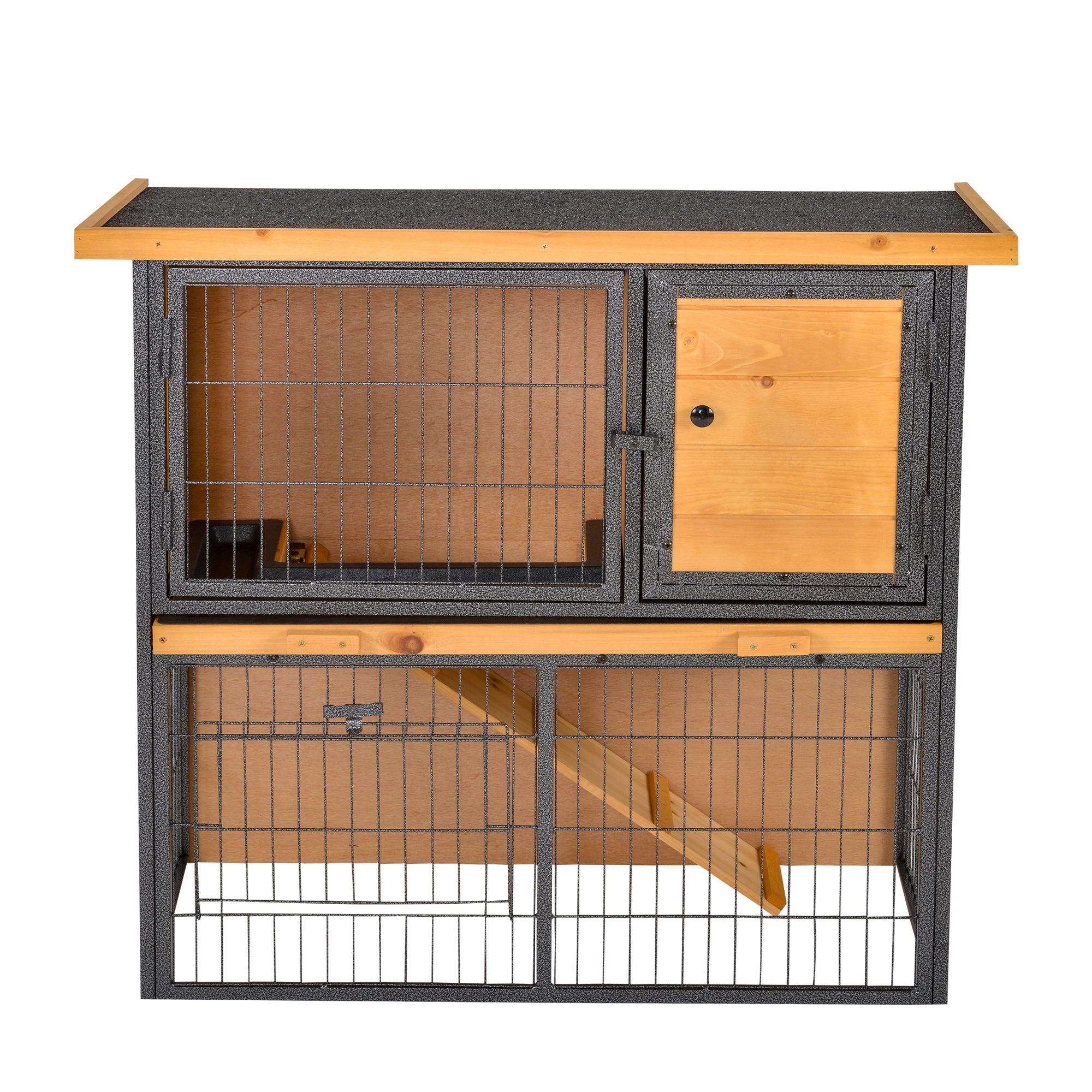 PawHut Guinea Pig Hutch Rabbit Hutch Wood-metal Elevated Pet House Bunny Cage with No-Leak Tray Ramp Openable Roof Outdoor 89.5 x 45 x 81cm Light Yellow