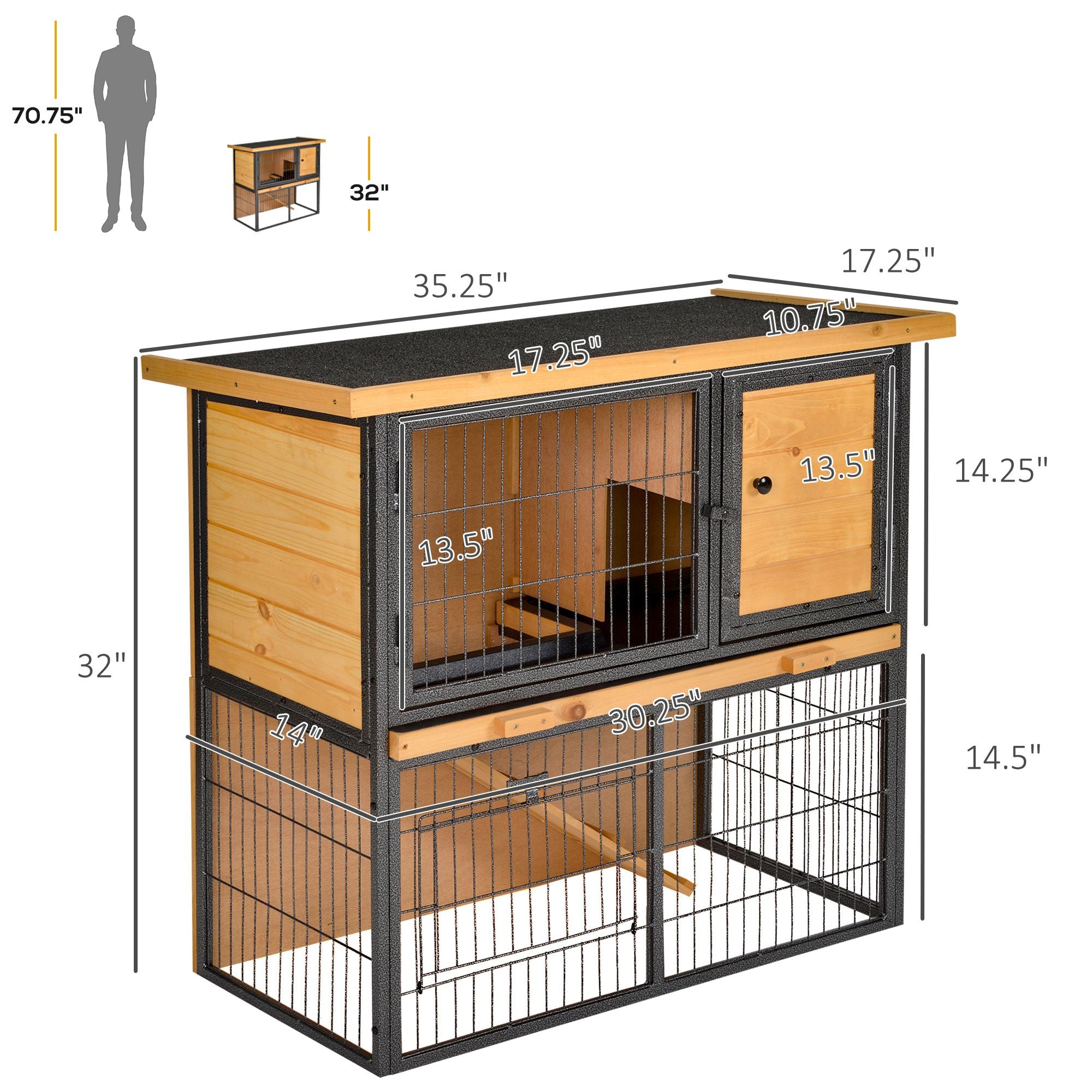 PawHut Rabbit Hutch Pet House Bunny Cage Small Animal Habitat with Asphalt Openable Roof for Outdoor 35.25" x 17.75" x 32" Light Yellow