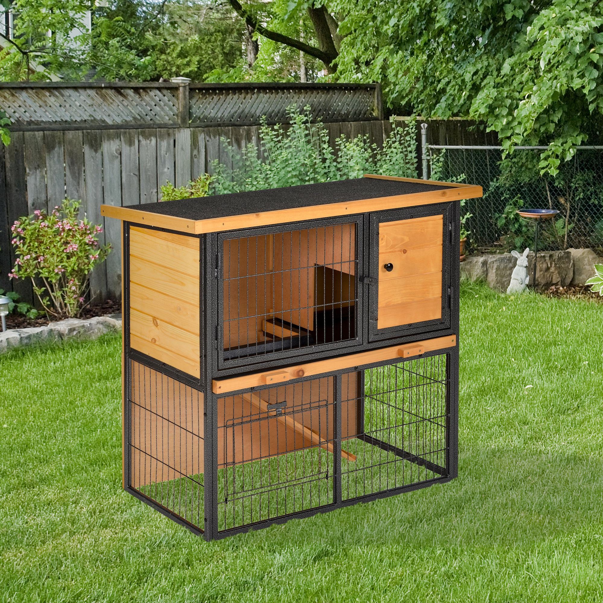 PawHut Guinea Pig Hutch Rabbit Hutch Wood-metal Elevated Pet House Bunny Cage with No-Leak Tray Ramp Openable Roof Outdoor 89.5 x 45 x 81cm Light Yellow