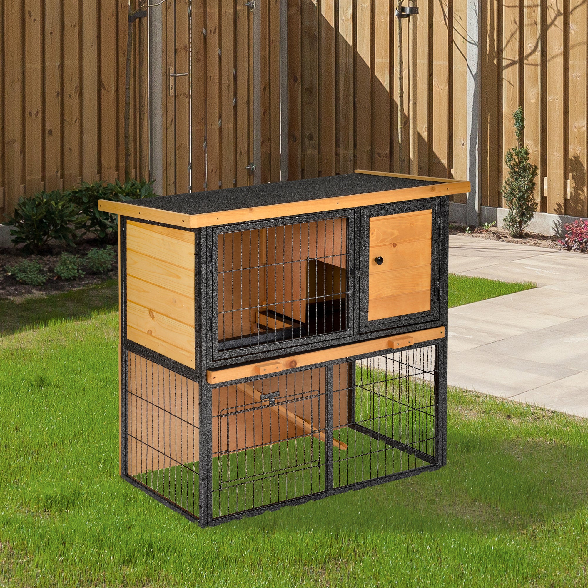 PawHut Rabbit Hutch Pet House Bunny Cage Small Animal Habitat with Asphalt Openable Roof for Outdoor 35.25" x 17.75" x 32" Light Yellow