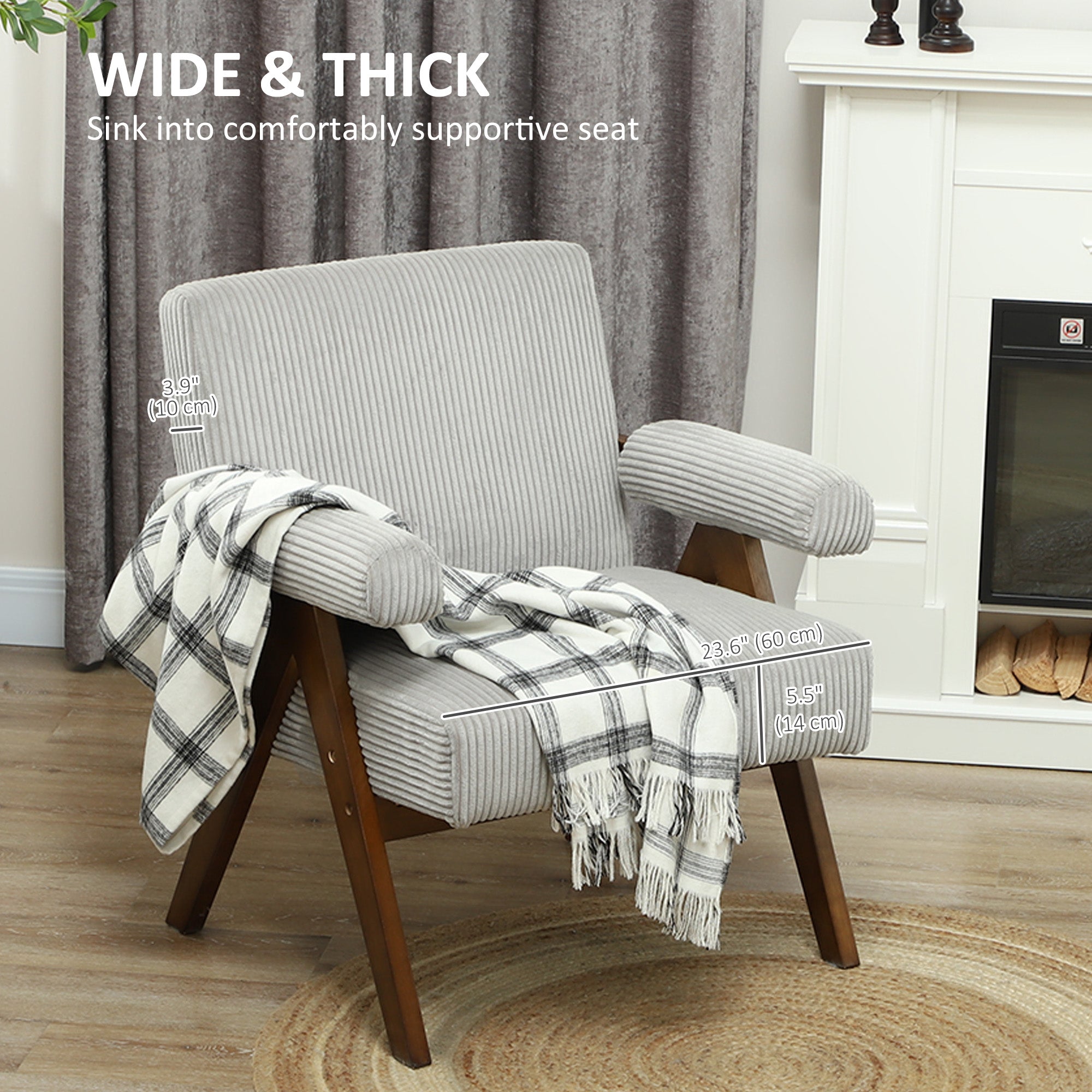 HOMCOM Accent Chair with Wide Seat, Corduroy Upholstered Armchair, Modern Living Room Chair with Soft Padded Armrests and Solid Wood Legs for Reading, Bedroom, Light Grey