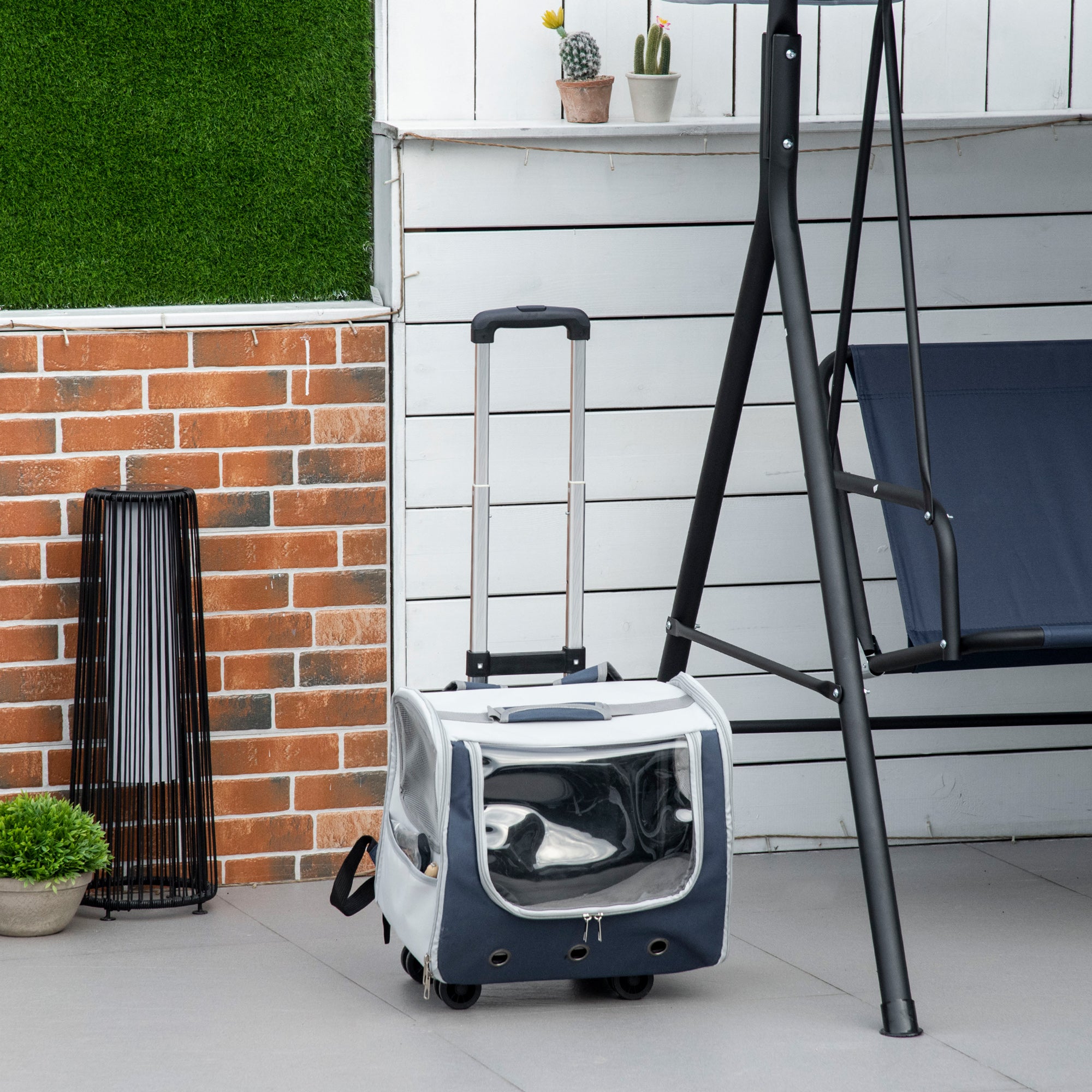 PawHut 3 IN 1 Cat Carrier, Foldable Pet Backpack, Luggage with Telescoping Handle, Adjustable Shoulder Strap for Small Cats & Dogs Travel Hiking, Light Grey