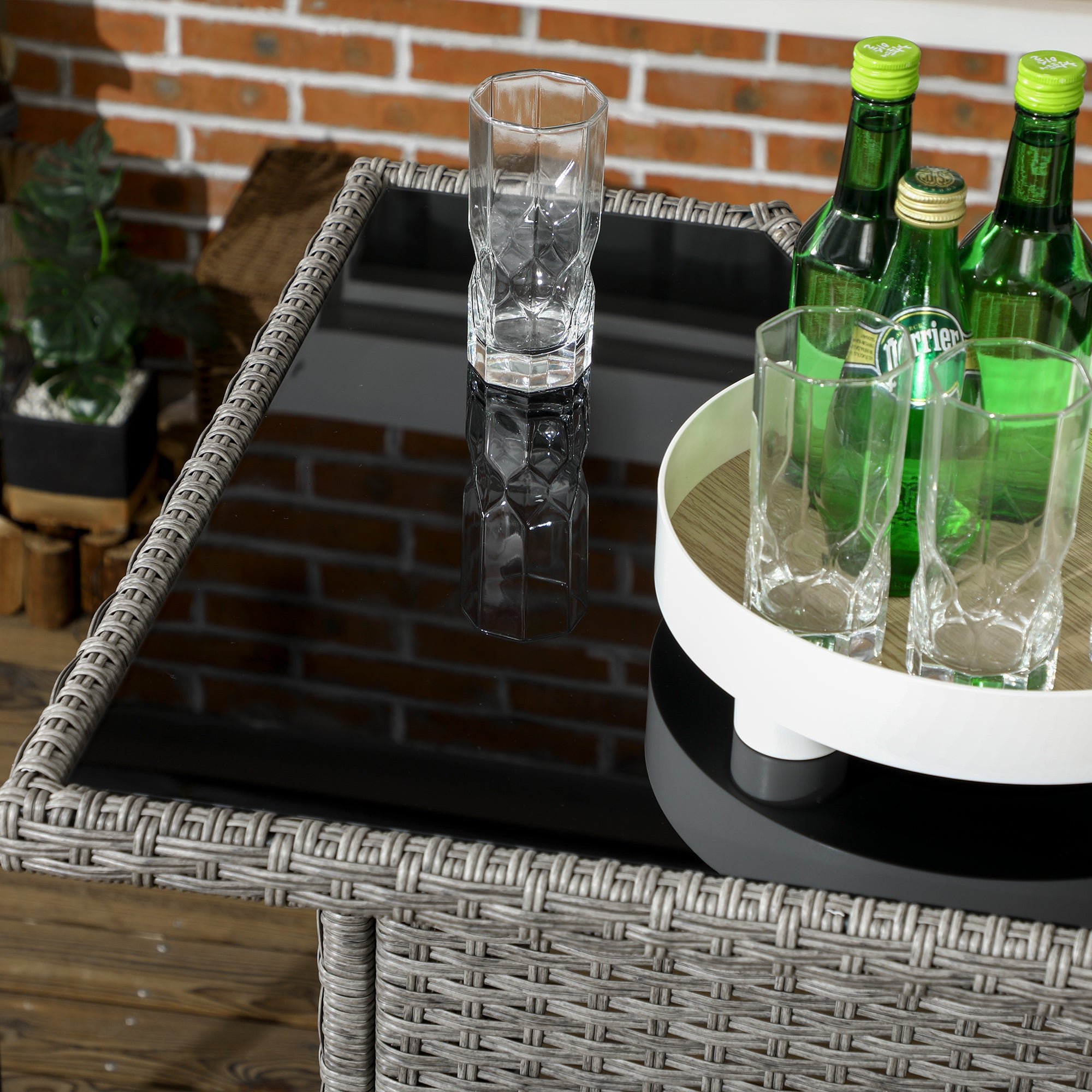 Outsunny 5 Pieces Patio Bar Set, Outdoor PE Rattan Wicker High Top Outdoor Table and Chairs Outdoor Bar Set with Tempered Glass Top Bar Table and Shelves, 4 Bar Chairs, Grey