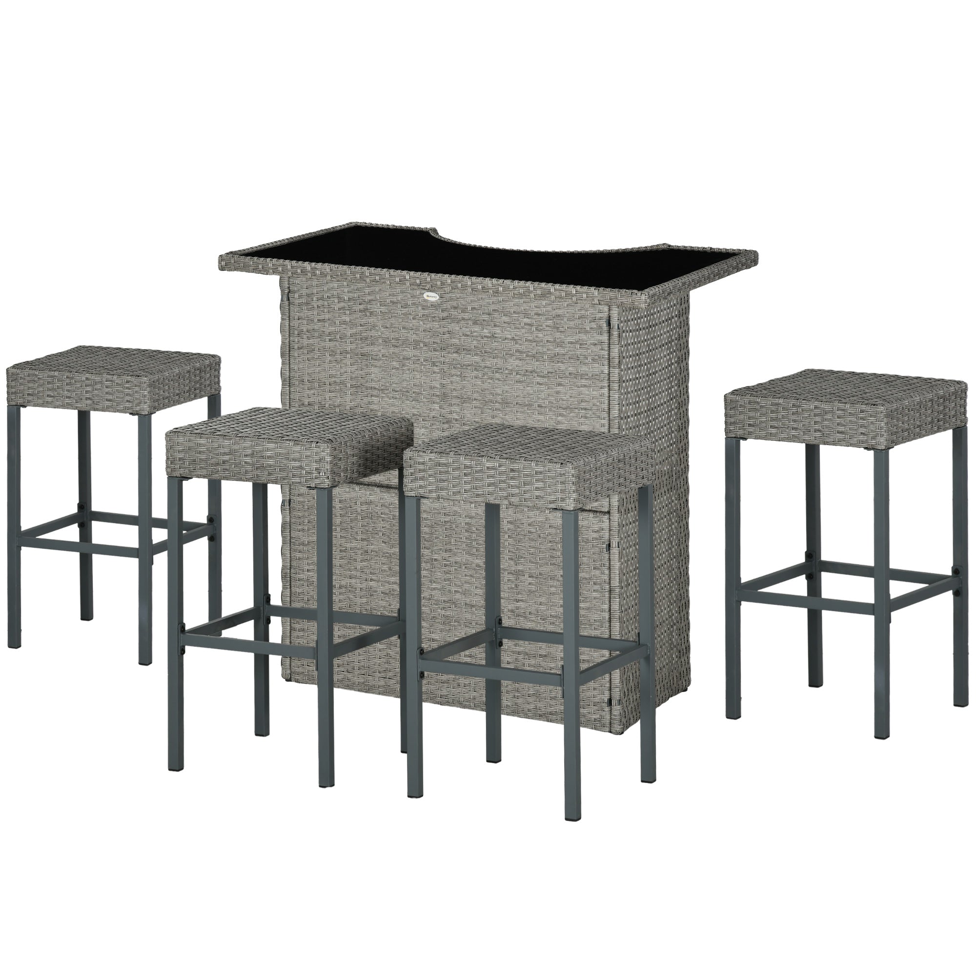 Outsunny 5 Pieces Patio Bar Set, Outdoor PE Rattan Wicker High Top Outdoor Table and Chairs Outdoor Bar Set with Tempered Glass Top Bar Table and Shelves, 4 Bar Chairs, Grey