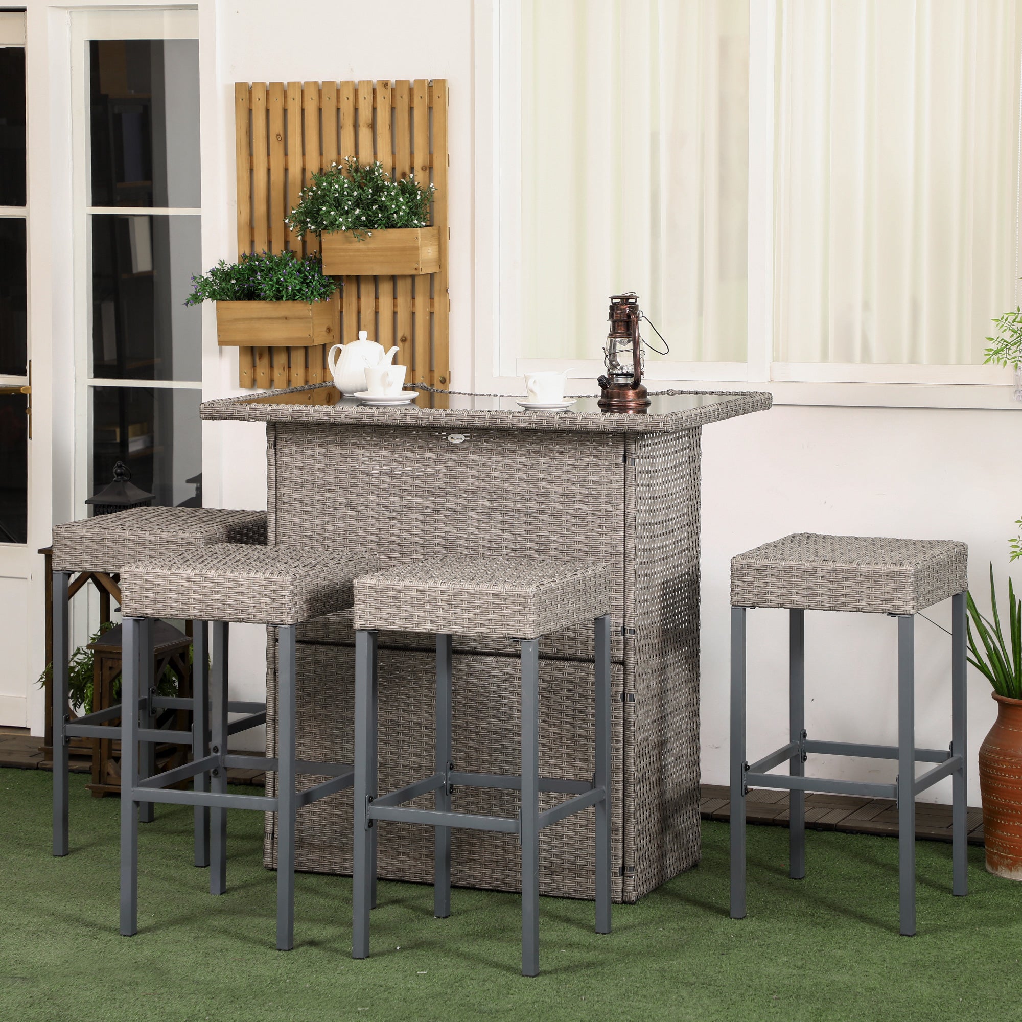 Outsunny 5 Pieces Patio Bar Set, Outdoor PE Rattan Wicker High Top Outdoor Table and Chairs Outdoor Bar Set with Tempered Glass Top Bar Table and Shelves, 4 Bar Chairs, Grey