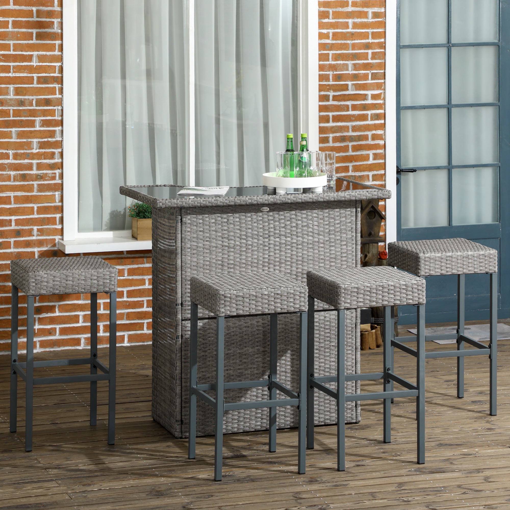 Outsunny 5 Pieces Patio Bar Set, Outdoor PE Rattan Wicker High Top Outdoor Table and Chairs Outdoor Bar Set with Tempered Glass Top Bar Table and Shelves, 4 Bar Chairs, Grey