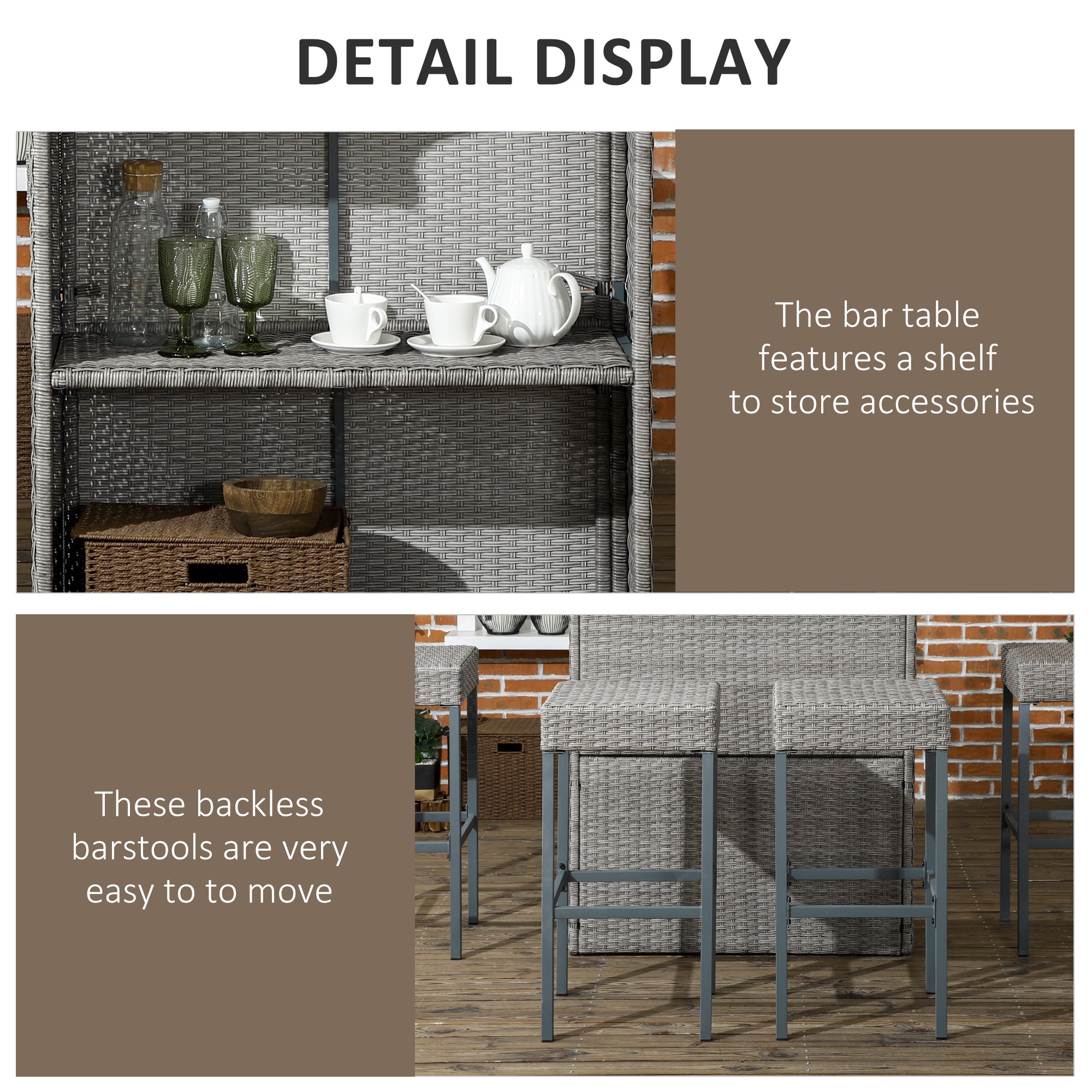 Outsunny 5 Pieces Patio Bar Set, Outdoor PE Rattan Wicker High Top Outdoor Table and Chairs Outdoor Bar Set with Tempered Glass Top Bar Table and Shelves, 4 Bar Chairs, Grey