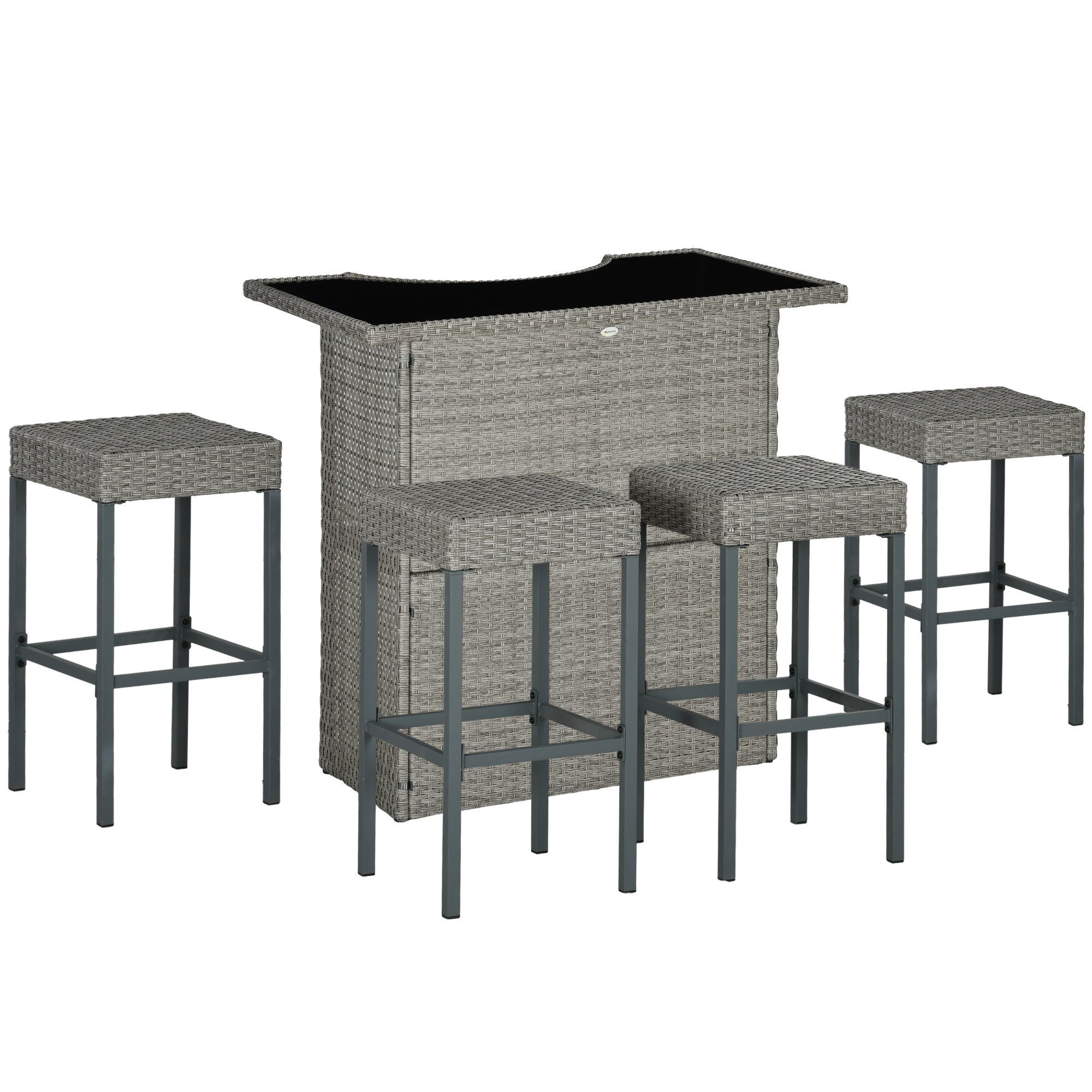 Outsunny 5 Pieces Patio Bar Set, Outdoor PE Rattan Wicker High Top Outdoor Table and Chairs Outdoor Bar Set with Tempered Glass Top Bar Table and Shelves, 4 Bar Chairs, Grey