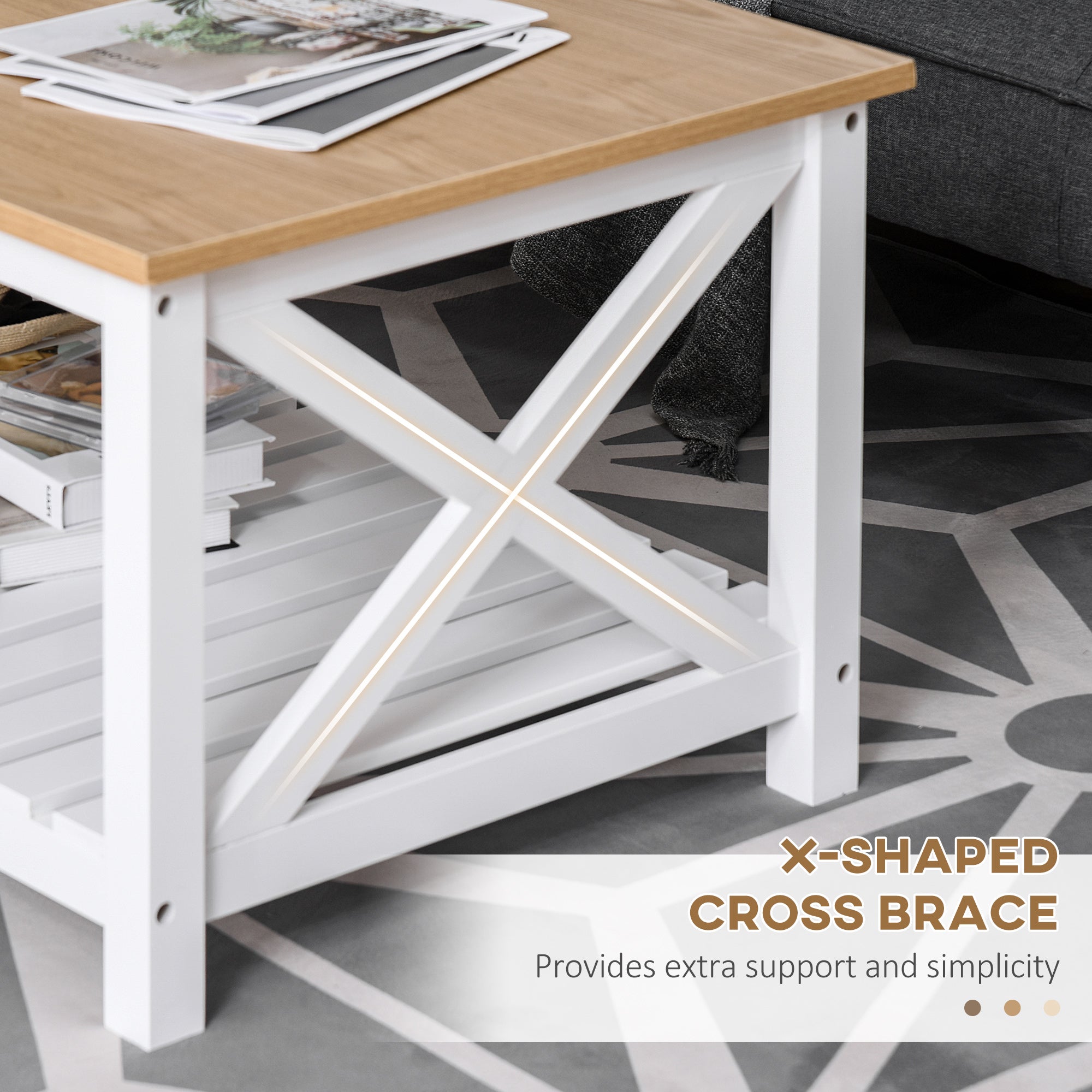 HOMCOM Farmhouse Coffee Table, Center Table with Slatted Bottom Storage Shelf and X Bar Frame for Living Room, 45.7" x 23.6" x 18.9", White