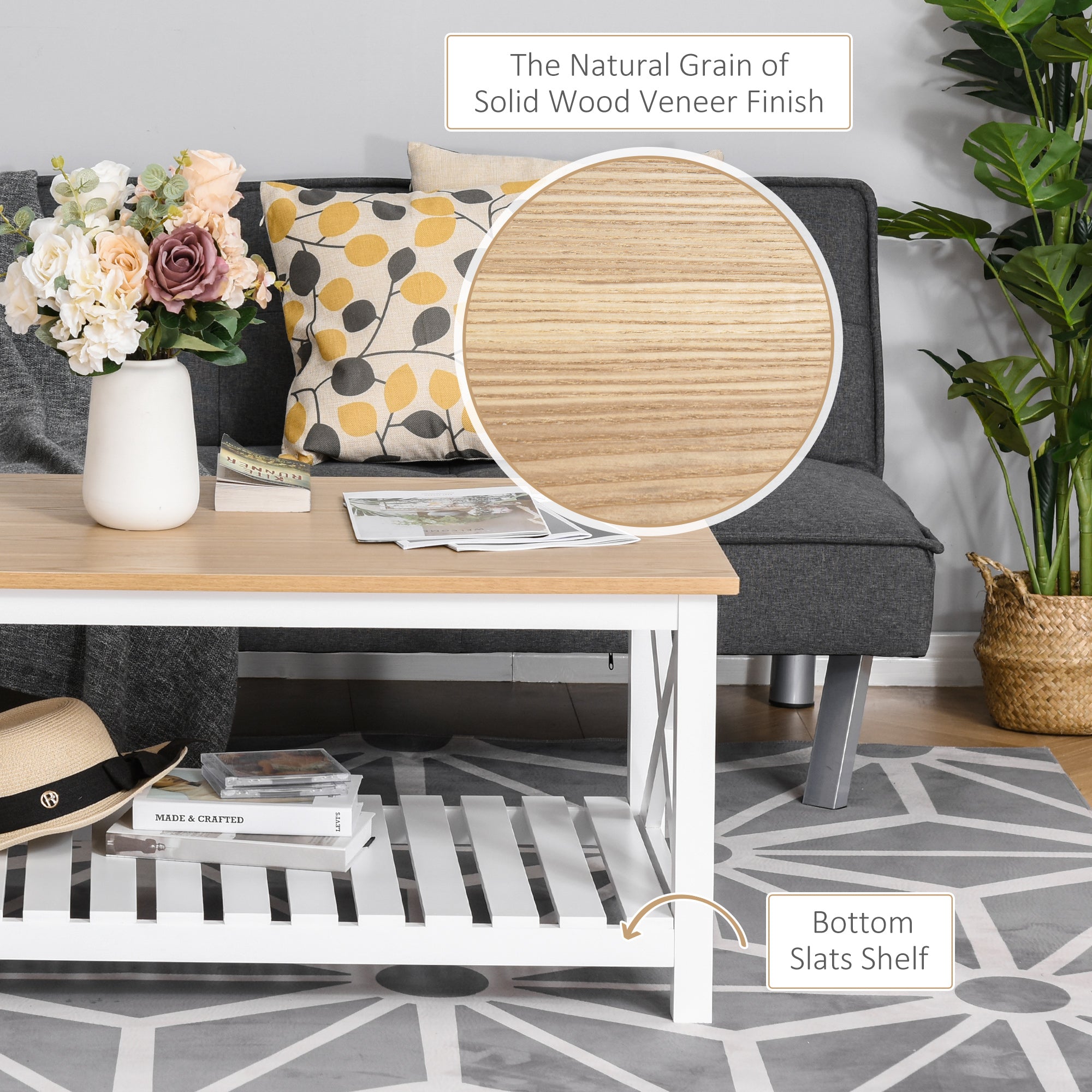 HOMCOM Farmhouse Coffee Table, Center Table with Slatted Bottom Storage Shelf and X Bar Frame for Living Room, 45.7" x 23.6" x 18.9", White