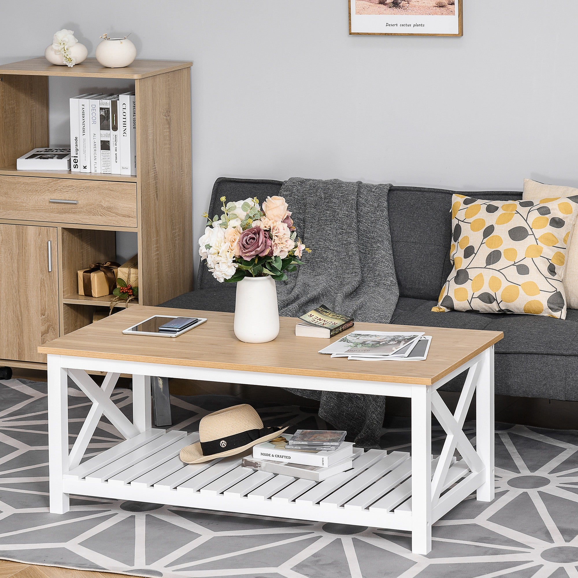 HOMCOM Farmhouse Coffee Table, Center Table with Slatted Bottom Storage Shelf and X Bar Frame for Living Room, 45.7" x 23.6" x 18.9", White