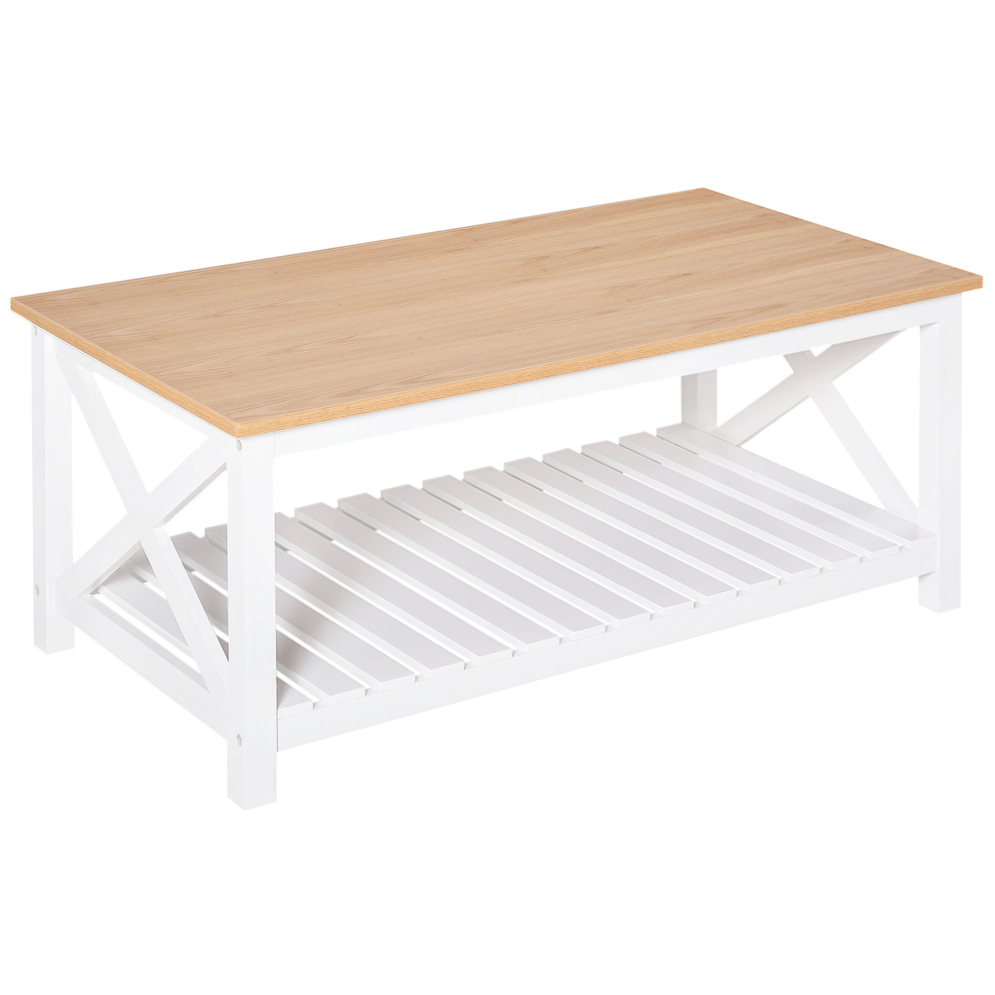 HOMCOM Farmhouse Coffee Table, Center Table with Slatted Bottom Storage Shelf and X Bar Frame for Living Room, 45.7" x 23.6" x 18.9", White