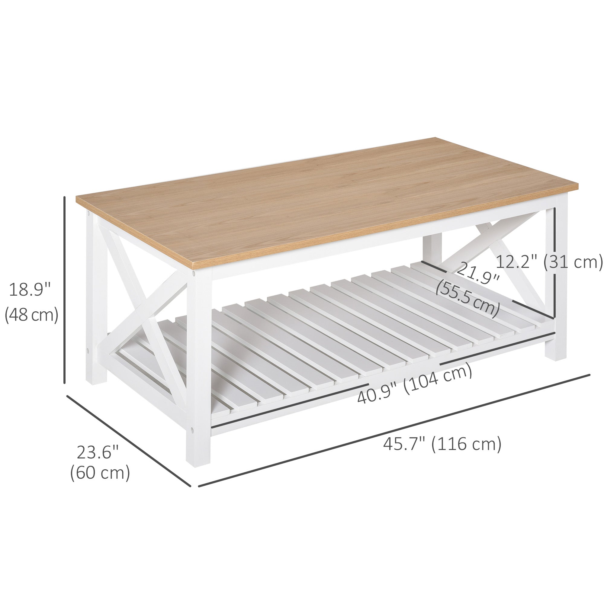 HOMCOM Farmhouse Coffee Table, Center Table with Slatted Bottom Storage Shelf and X Bar Frame for Living Room, 45.7" x 23.6" x 18.9", White