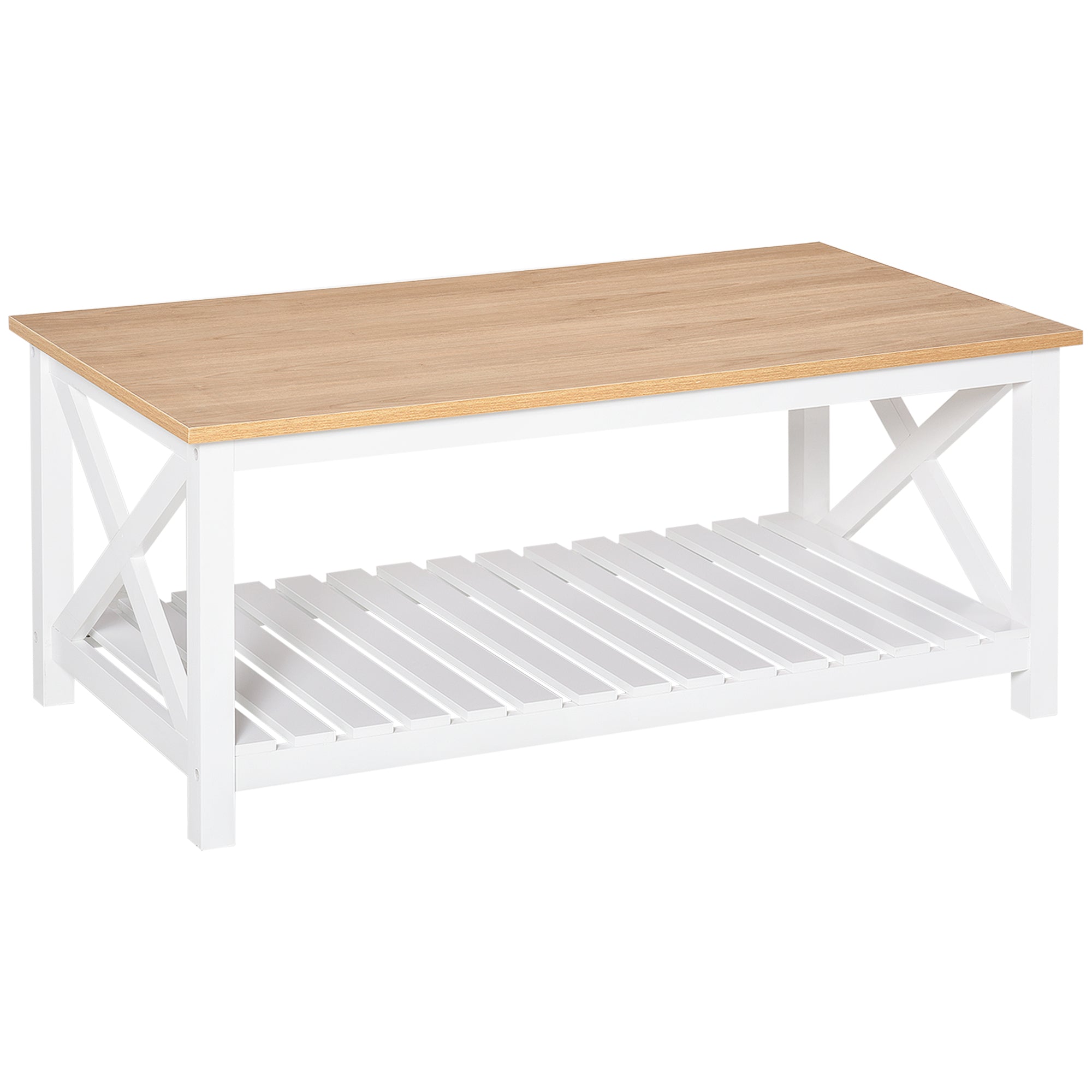 HOMCOM Farmhouse Coffee Table, Center Table with Slatted Bottom Storage Shelf and X Bar Frame for Living Room, 45.7" x 23.6" x 18.9", White