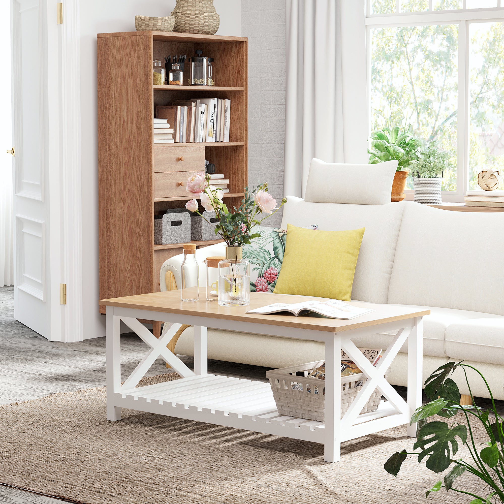 HOMCOM Farmhouse Coffee Table, Center Table with Slatted Bottom Storage Shelf and X Bar Frame for Living Room, 45.7" x 23.6" x 18.9", White