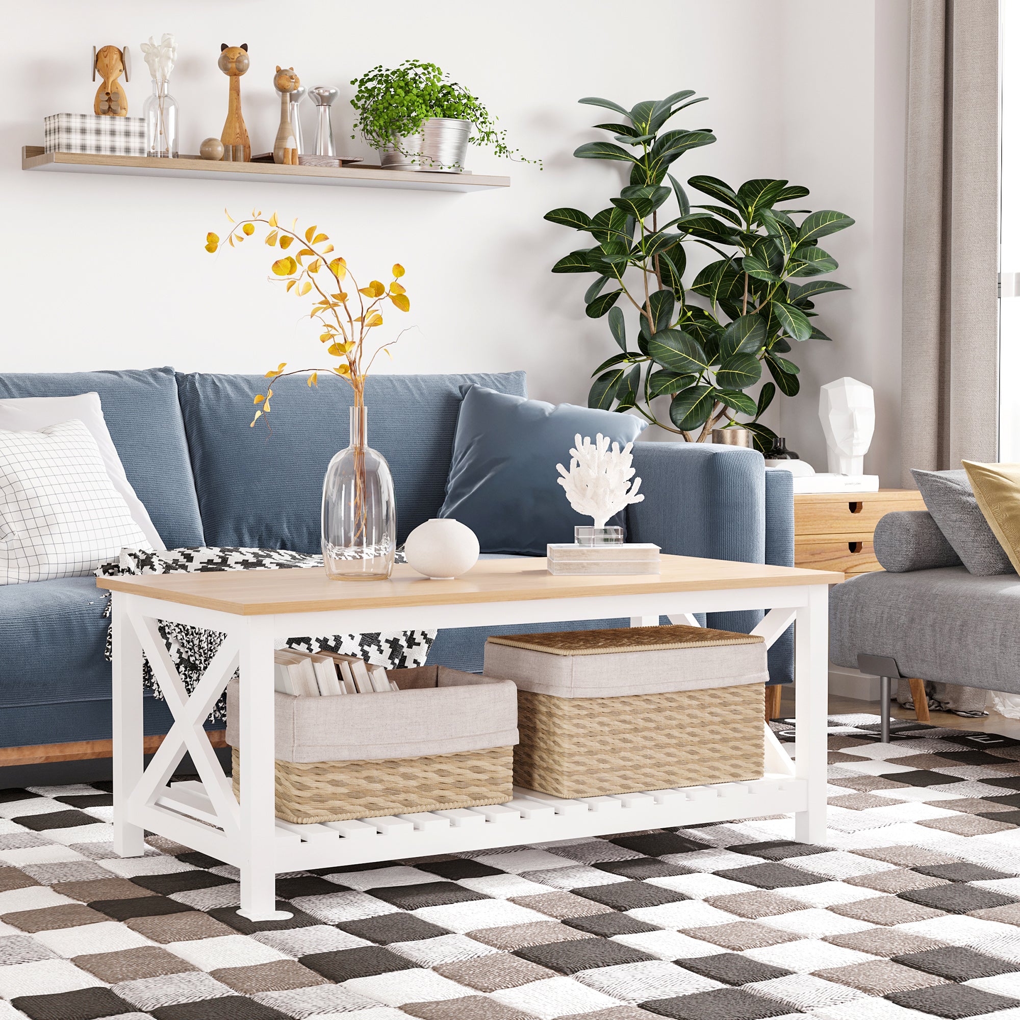 HOMCOM Farmhouse Coffee Table, Center Table with Slatted Bottom Storage Shelf and X Bar Frame for Living Room, 45.7" x 23.6" x 18.9", White