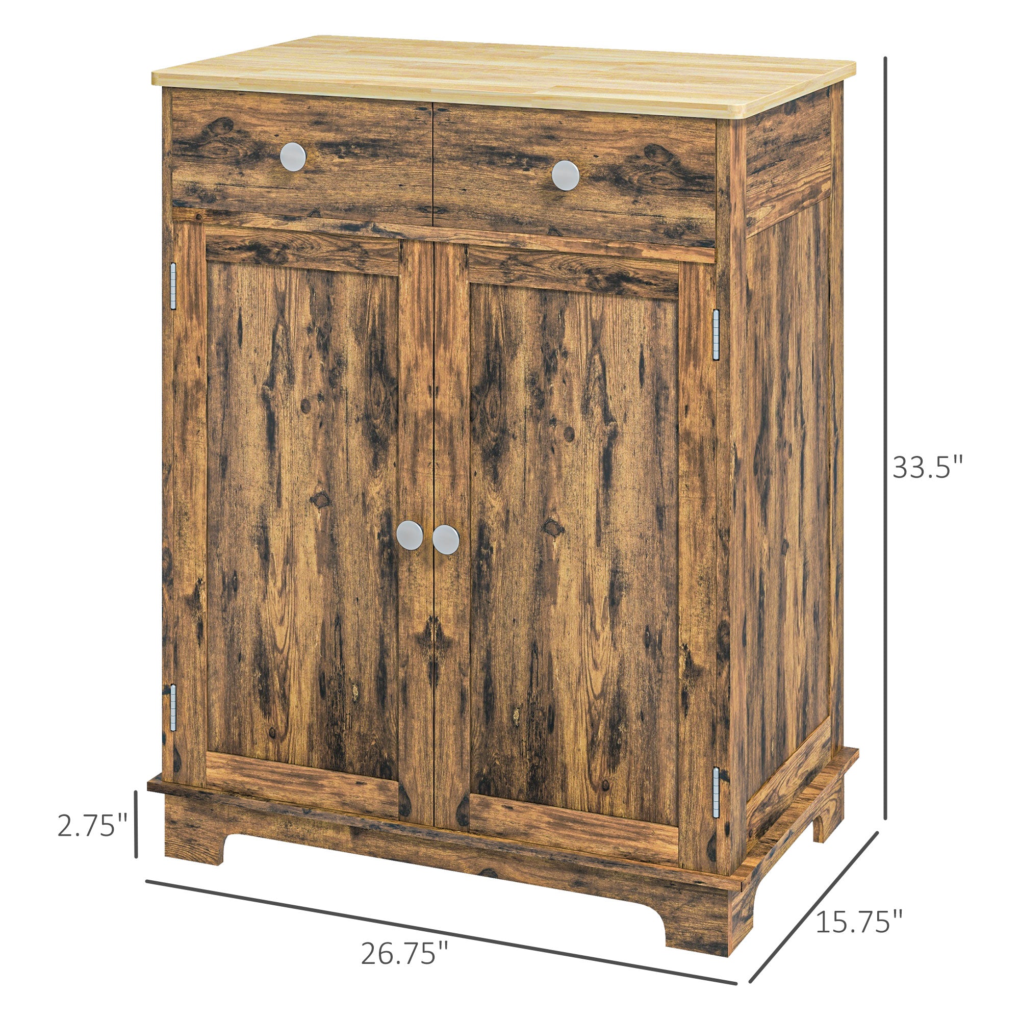 HOMCOM Sideboard with Solid Wood Countertop, Modern Kitchen Storage Cabinet, Coffee Bar Cabinet with 2 Drawers, Doors and Adjustable Shelf, Rustic Brown