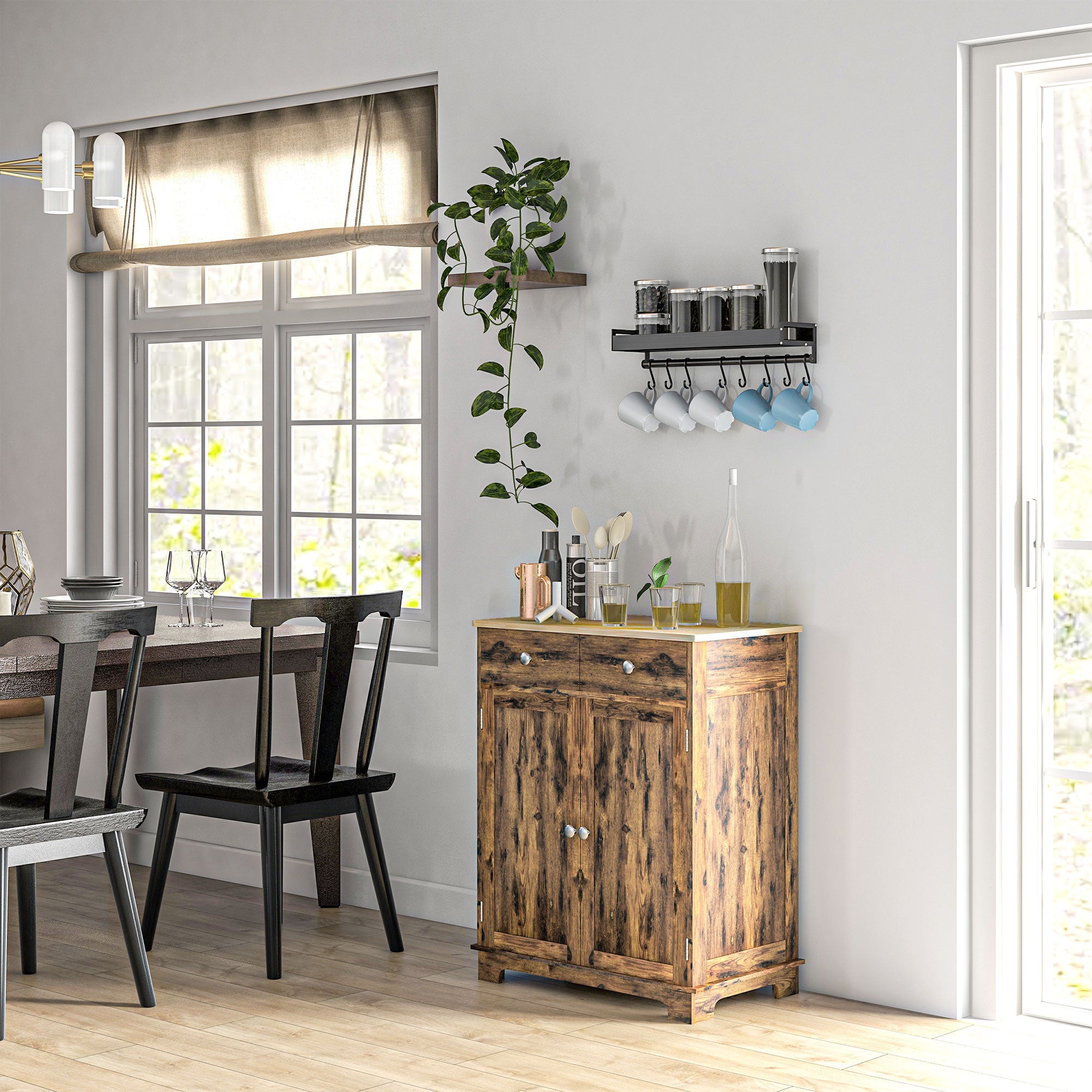 HOMCOM Sideboard with Solid Wood Countertop, Modern Kitchen Storage Cabinet, Coffee Bar Cabinet with 2 Drawers, Doors and Adjustable Shelf, Rustic Brown