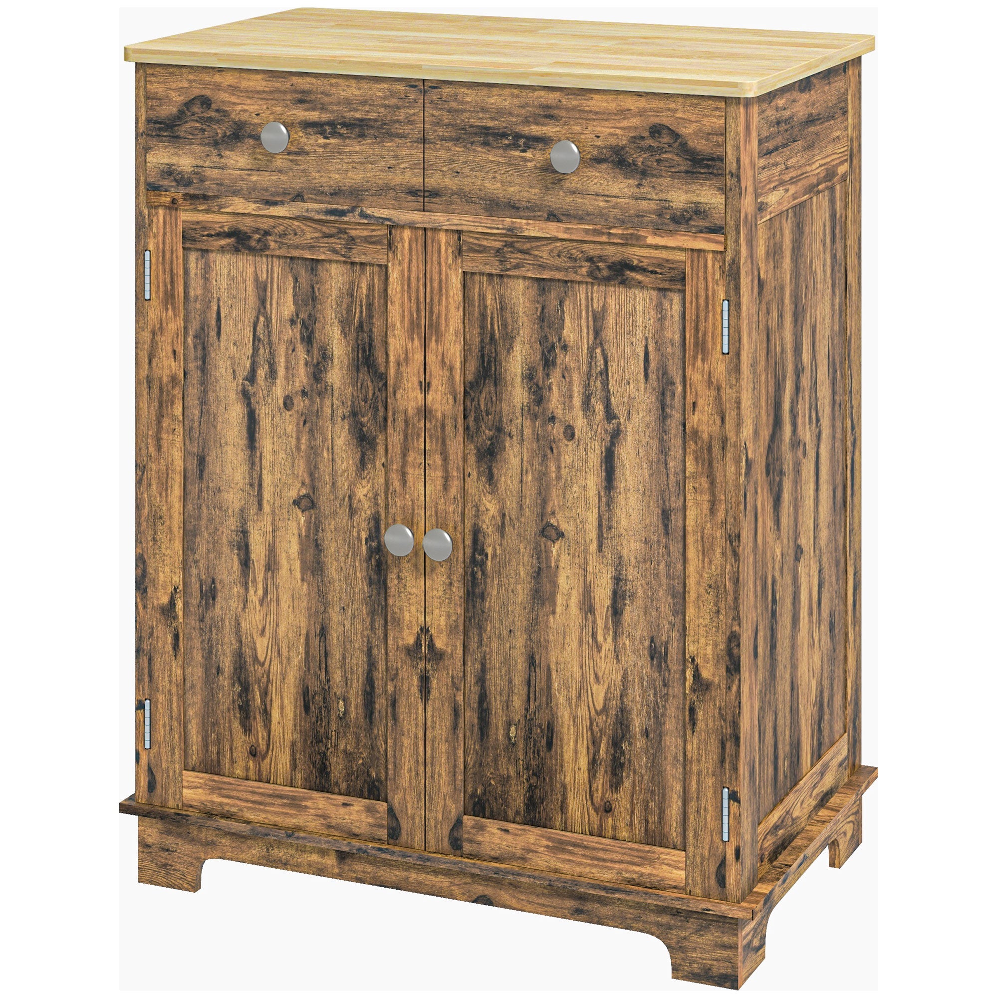 HOMCOM Sideboard with Solid Wood Countertop, Modern Kitchen Storage Cabinet, Coffee Bar Cabinet with 2 Drawers, Doors and Adjustable Shelf, Rustic Brown