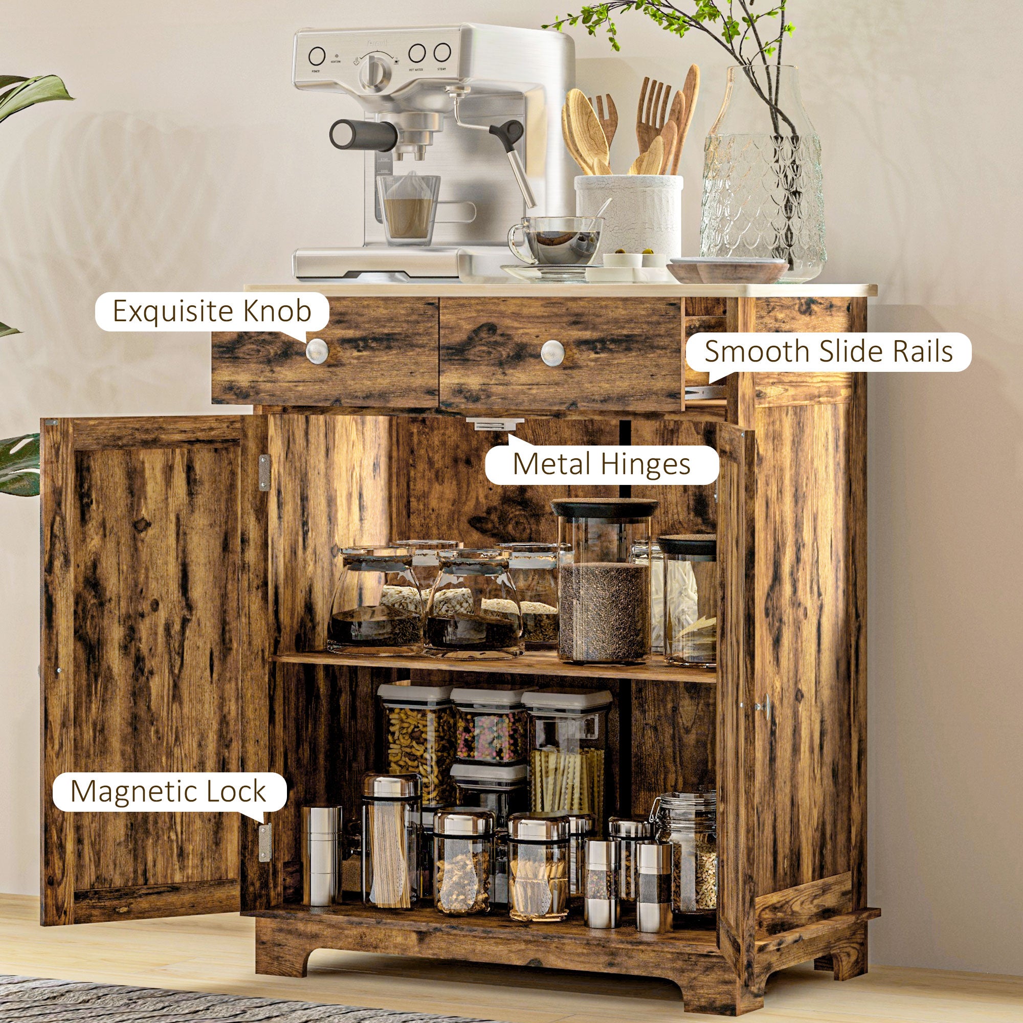 HOMCOM Sideboard with Solid Wood Countertop, Modern Kitchen Storage Cabinet, Coffee Bar Cabinet with 2 Drawers, Doors and Adjustable Shelf, Rustic Brown