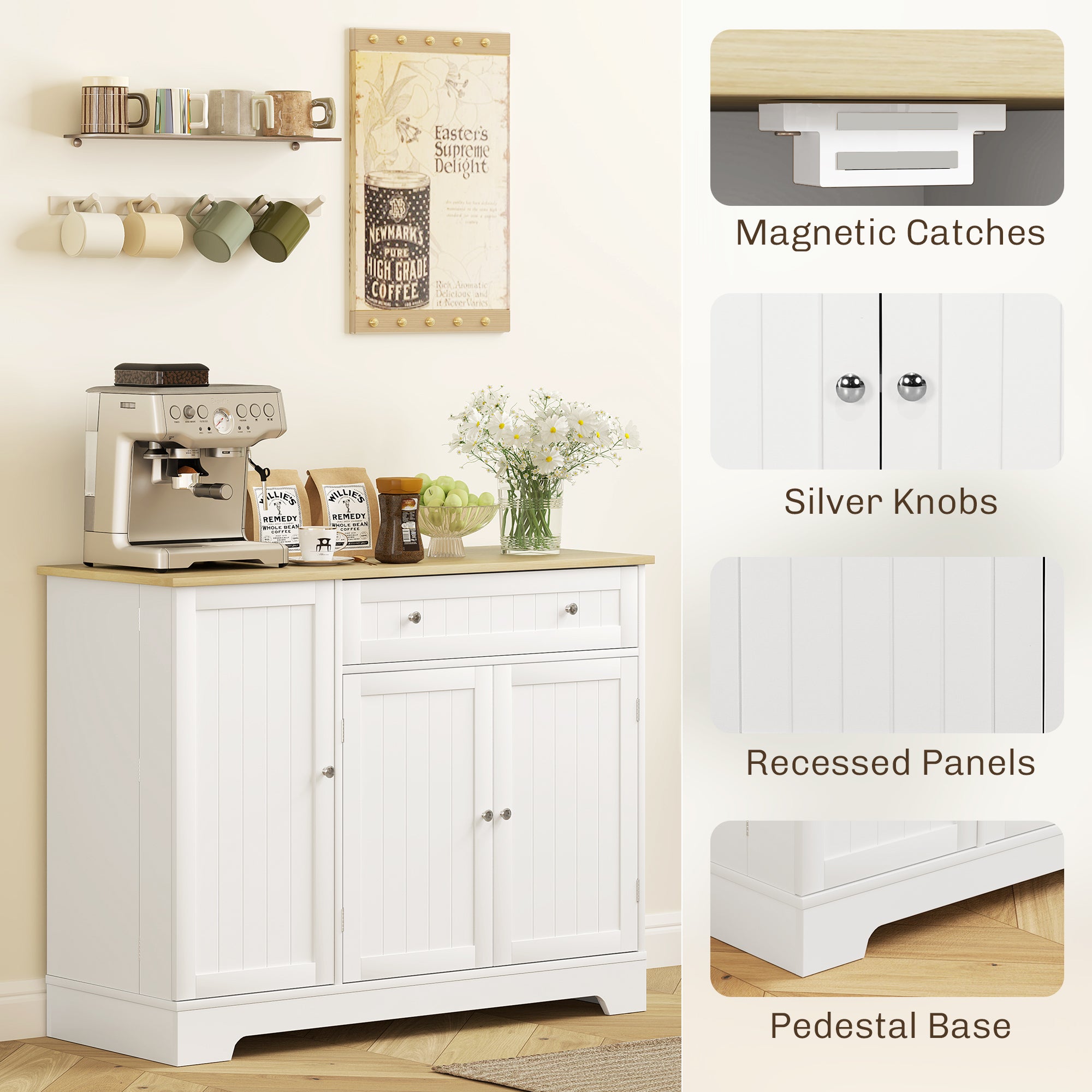 HOMCOM Modern Coffee Bar Cabinet with Storage, Sideboard Buffet Cabinet with  Drawer, Adjustable Shelves, Small Kitchen Pantry with Door Shelves, White