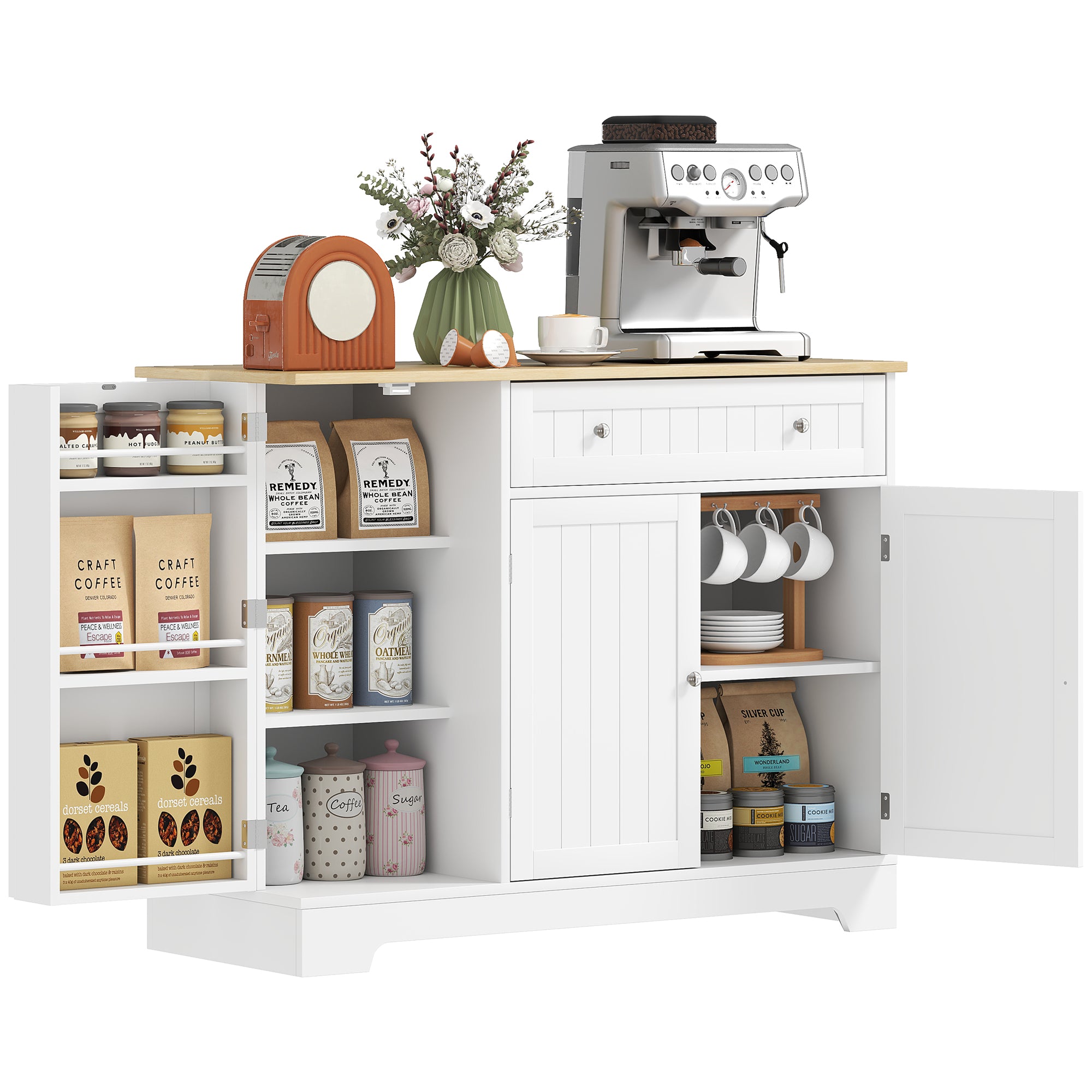 HOMCOM Modern Coffee Bar Cabinet with Storage, Sideboard Buffet Cabinet with  Drawer, Adjustable Shelves, Small Kitchen Pantry with Door Shelves, White