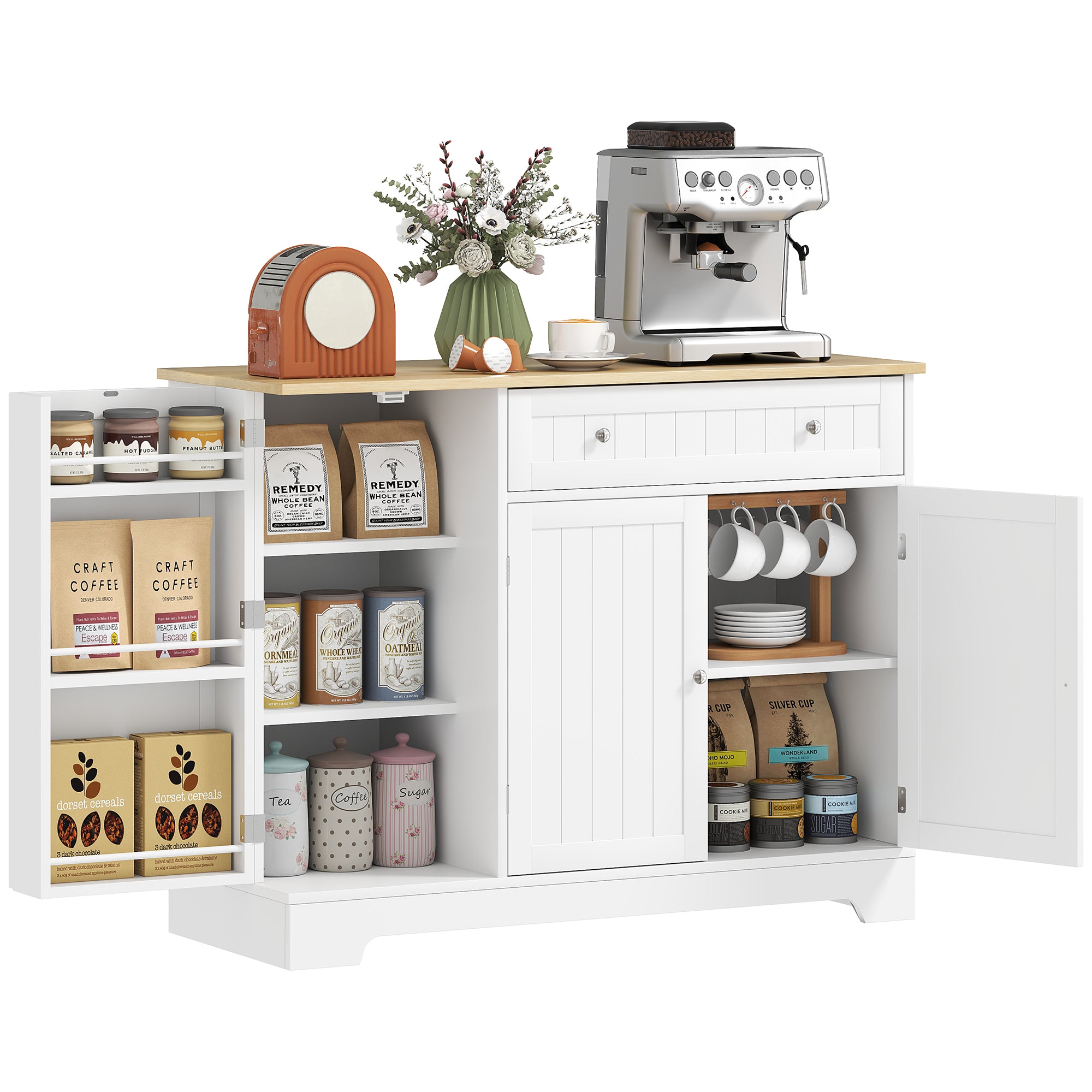 HOMCOM Modern Coffee Bar Cabinet with Storage, Sideboard Buffet Cabinet with  Drawer, Adjustable Shelves, Small Kitchen Pantry with Door Shelves, White