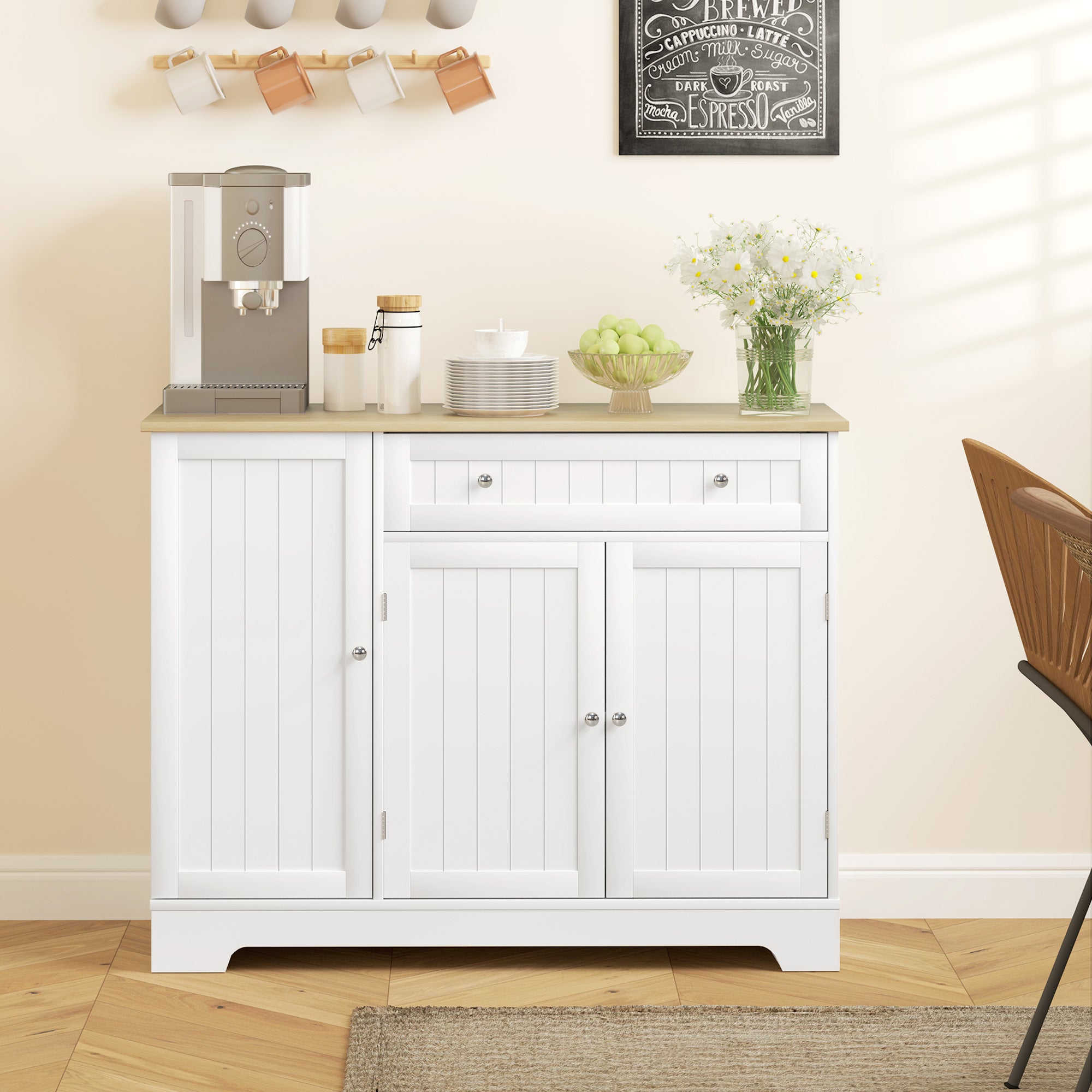 HOMCOM Modern Coffee Bar Cabinet with Storage, Sideboard Buffet Cabinet with  Drawer, Adjustable Shelves, Small Kitchen Pantry with Door Shelves, White