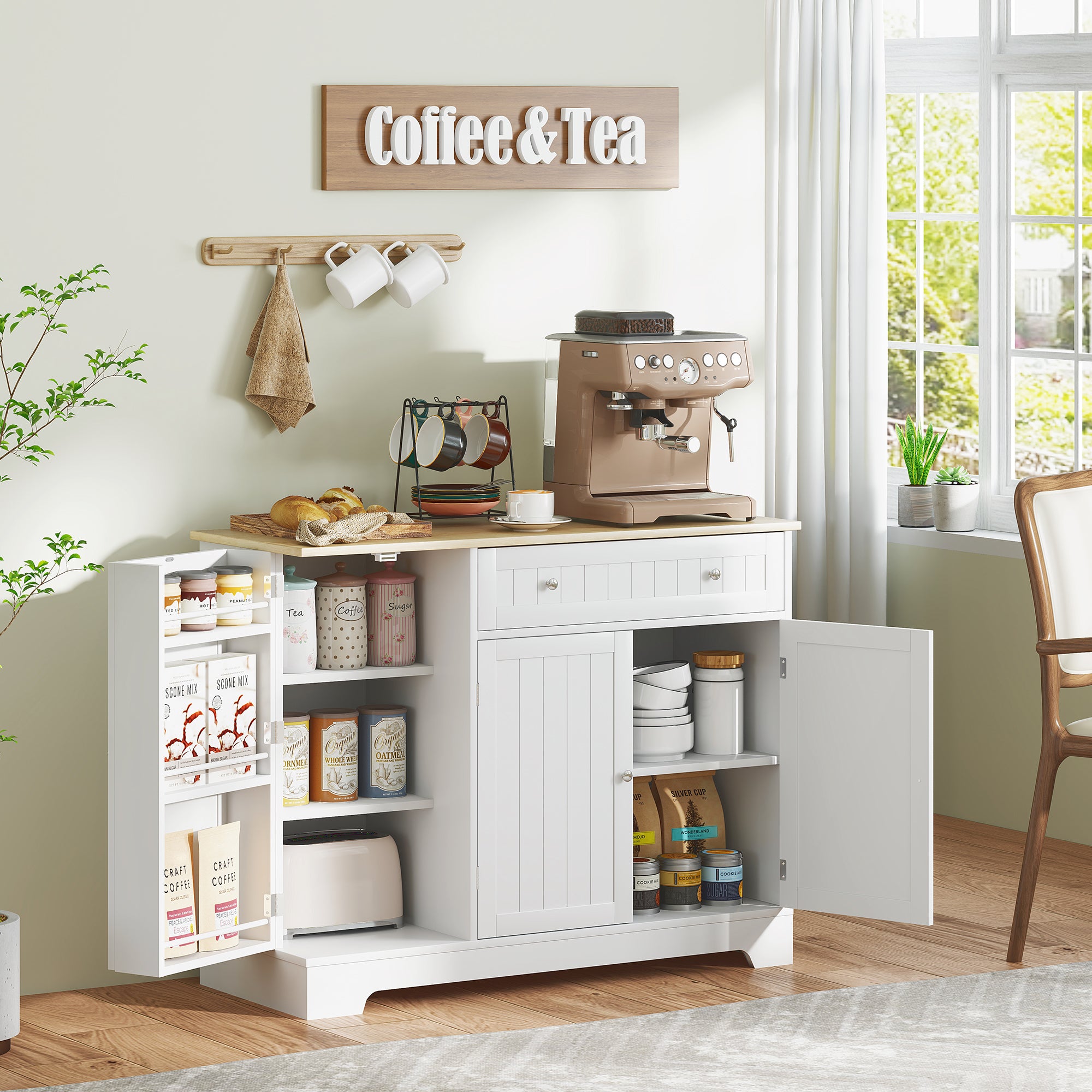 HOMCOM Modern Coffee Bar Cabinet with Storage, Sideboard Buffet Cabinet with  Drawer, Adjustable Shelves, Small Kitchen Pantry with Door Shelves, White