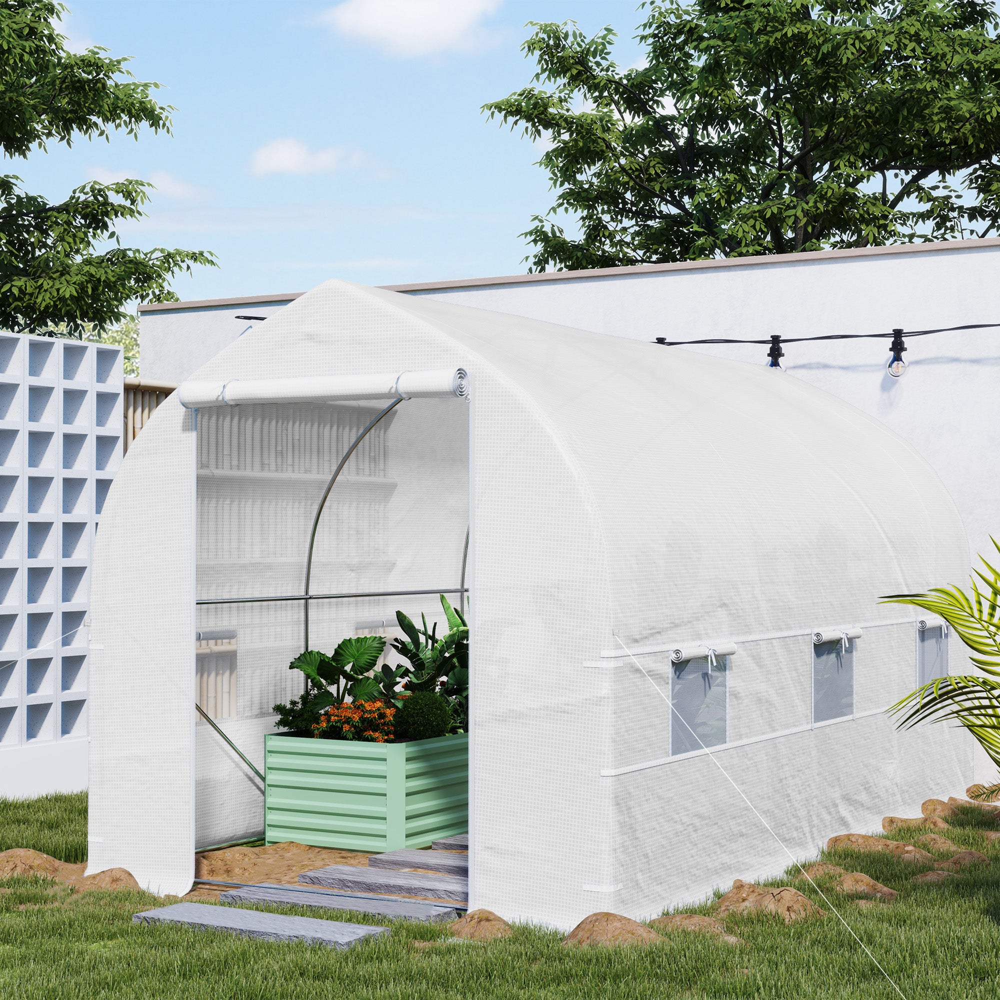 Outsunny 11.5' x 6.6' x 6.6' Portable Walk-In Tunnel Greenhouse, Garden Plant Growing Warm House, Outdoor Seed Flower Vegetable Growth Tent, White