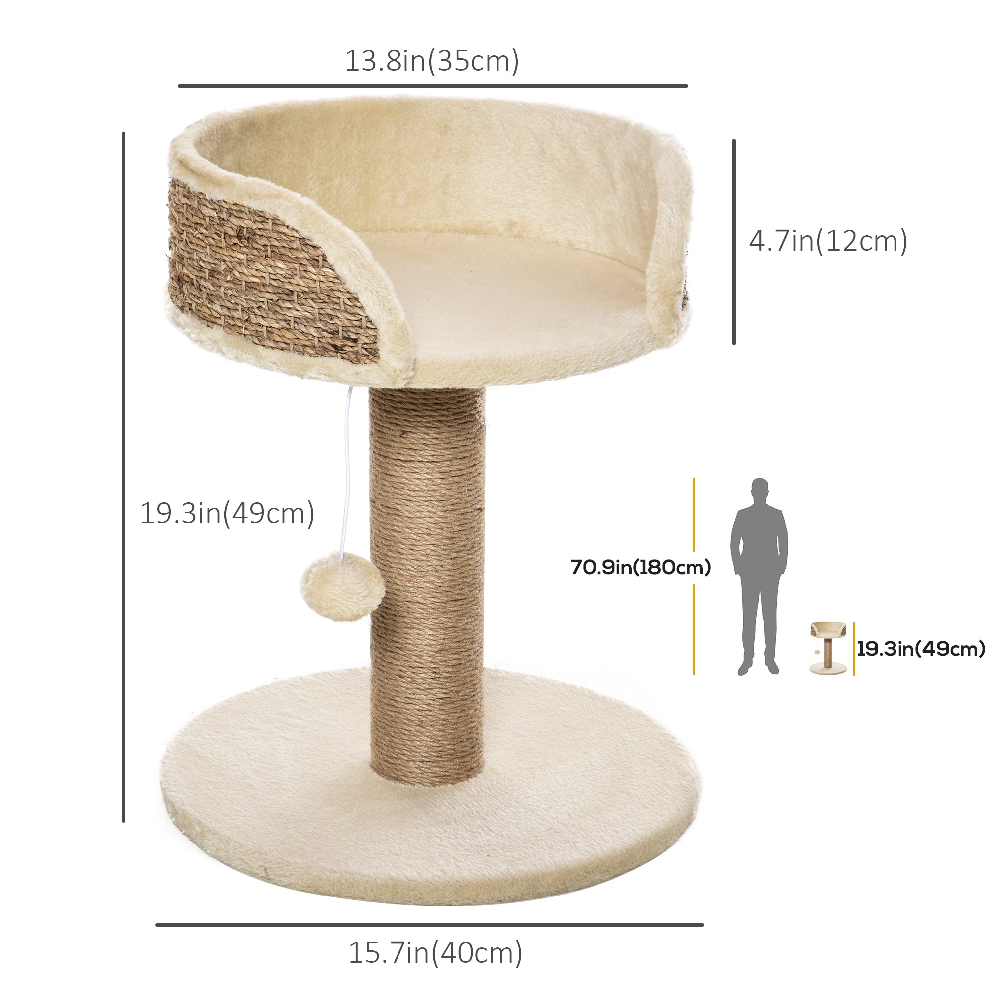 PawHut Small Cat Tree with Scratching Post, Perch, Toy Ball, Cat Tower for Indoor Cats - 16" x 16" x 19", Beige