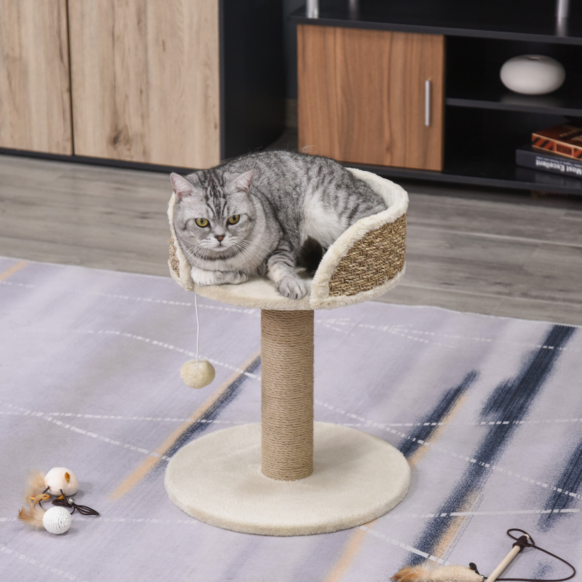 PawHut Small Cat Tree with Scratching Post, Perch, Toy Ball, Cat Tower for Indoor Cats - 16" x 16" x 19", Beige