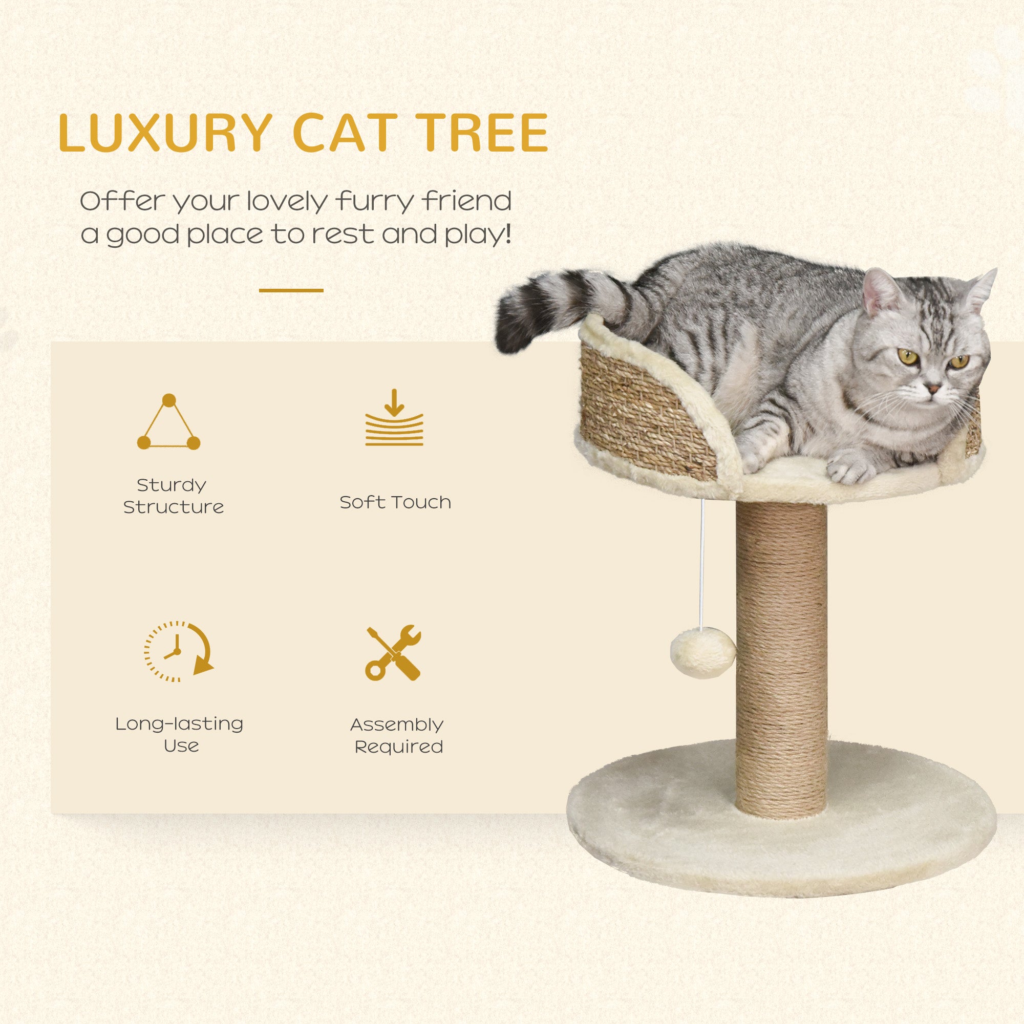 PawHut Small Cat Tree with Scratching Post, Perch, Toy Ball, Cat Tower for Indoor Cats - 16" x 16" x 19", Beige