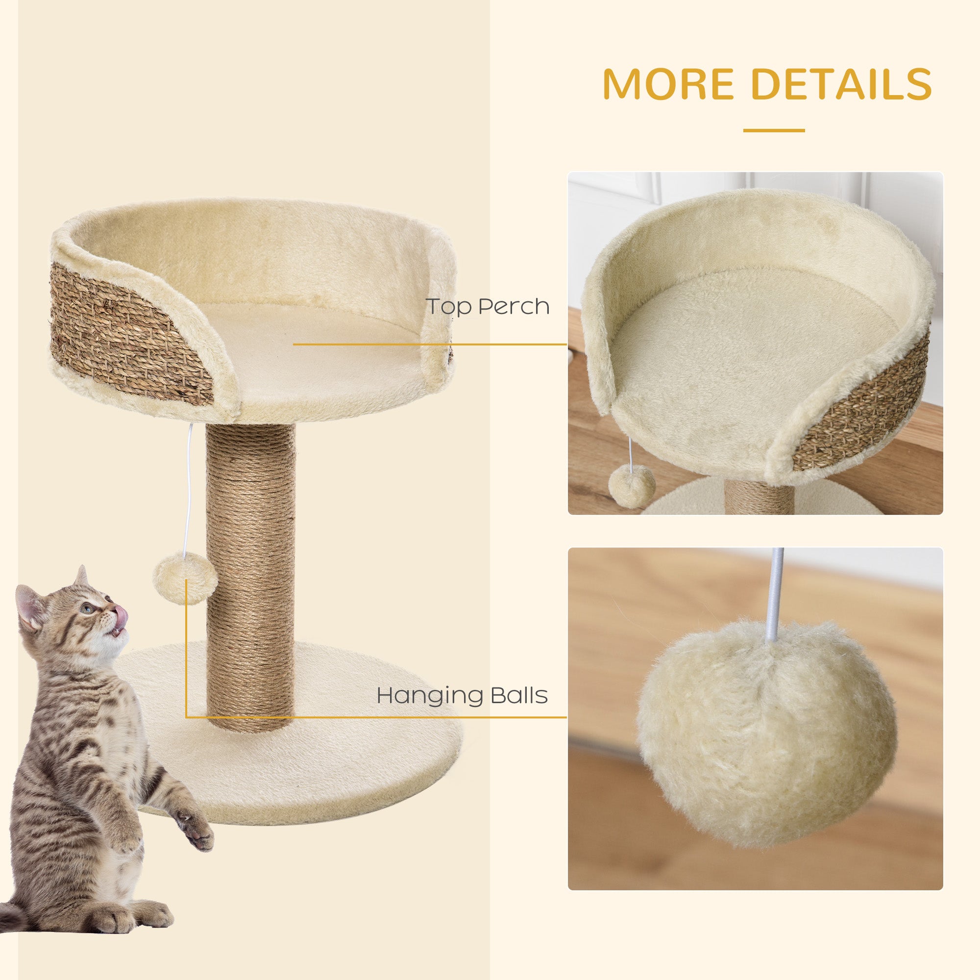 PawHut Small Cat Tree with Scratching Post, Perch, Toy Ball, Cat Tower for Indoor Cats - 16" x 16" x 19", Beige